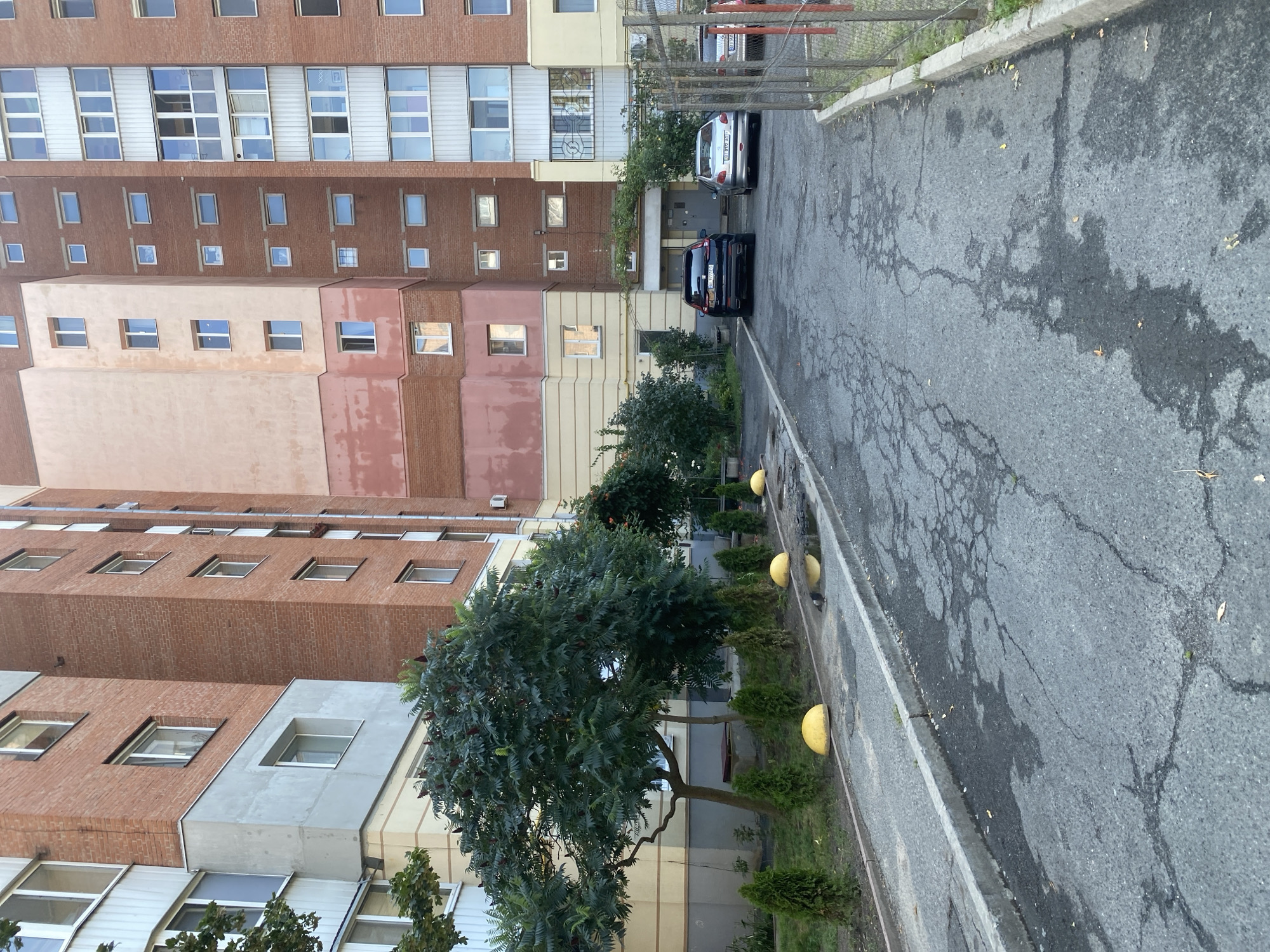 The image depicts a typical residential courtyard in Poltava, Ukraine, characterized by multi-story brick apartment buildings. In the foreground, a paved driveway shows signs of wear and tear with visible cracks. Several yellow, spherical bollards are strategically placed along the edge of the driveway, bordering a grassy area with small coniferous trees. A puddle reflects the overcast sky and a pigeon can be seen near the puddle.
The apartment buildings themselves present a mix of architectural styles and colors. One building features predominantly red brickwork with white trim around the windows, while another section is rendered in a pale pink and beige facade. The buildings have numerous windows and balconies, some with glass enclosures.
Several parked cars are visible in the courtyard. A dark SUV is parked in front of an entrance to one of the buildings, and a silver sedan is parked next to it. A metal fence runs along the right side of the image, separating the courtyard from an adjacent area. Lush green trees and bushes are interspersed throughout the scene, adding a touch of nature to the urban environment. The overall impression is one of a functional, albeit somewhat aged, urban residential area.