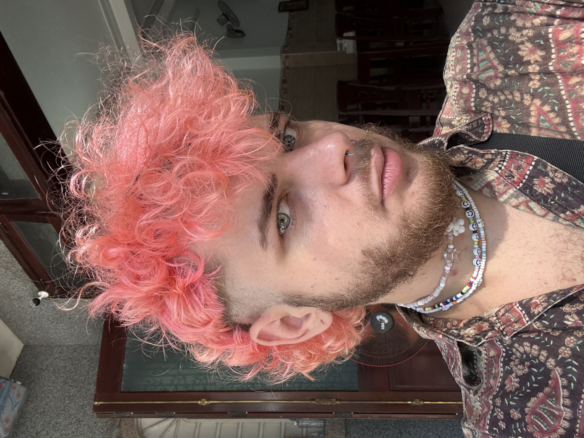 A medium shot shows a person with pink curly hair and a beard, wearing a patterned shirt and beaded necklaces. The person has a nose ring and light-colored eyes. The background includes a door or window, a ceiling fan, and potentially a staircase. Given the prompt's mention of Đà Nẵng, Vietnam, it is reasonable to assume this photo was taken indoors at an apartment or house within the city.