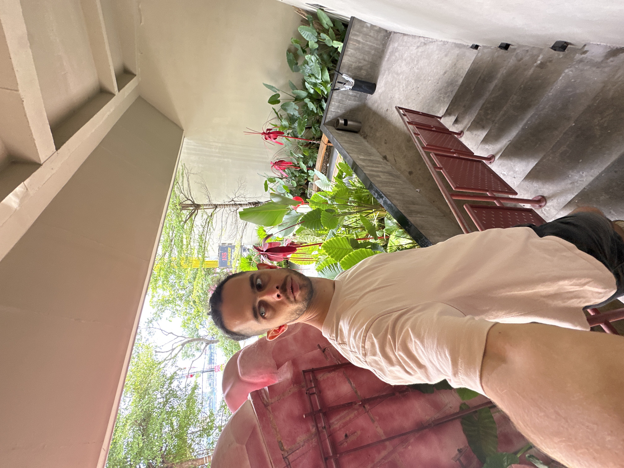 A Caucasian male is taking a selfie while standing on a landing overlooking a set of concrete stairs. He is wearing a light pink t-shirt and dark shorts. To his left, there is a large, abstract, pink sculpture. Behind him, a wall separates the outdoor area from an indoor space. Lush green plants with vibrant red flowers grow in planters along the wall. A metal railing lines the stairs. In the background, trees and a body of water are visible, suggesting an outdoor setting in Đà Nẵng, Vietnam. The lighting suggests it is daytime.