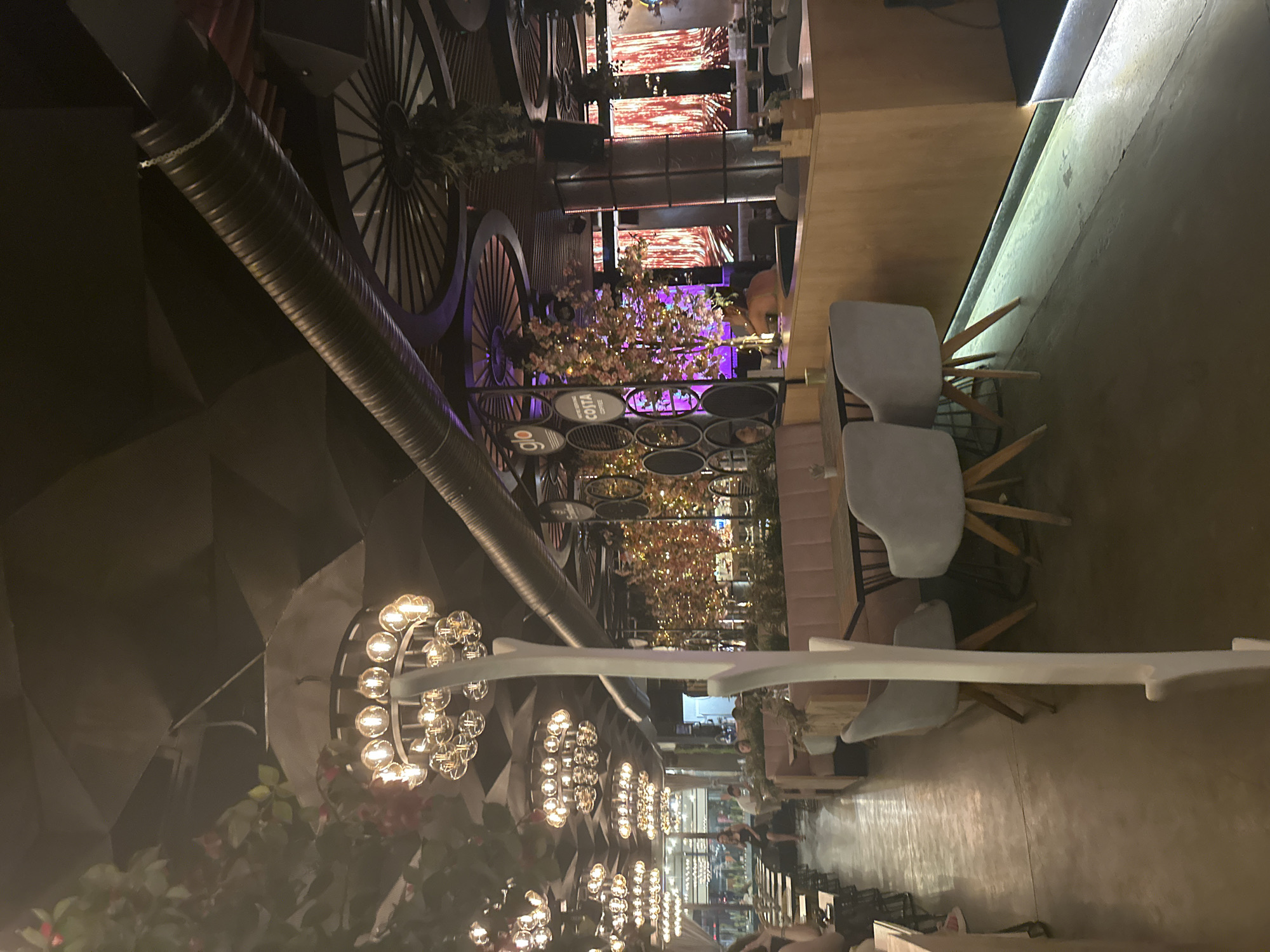 The image depicts the interior of a dimly lit, modern establishment, likely a cafe or restaurant, located in Sofia, Bulgaria. The ceiling features an intricate, geometric design with exposed ventilation ducts and multiple circular chandeliers emitting a warm glow. Decorative foliage and artificial trees with illuminated blossoms are strategically placed throughout the space, adding a touch of nature and color.
The seating area is furnished with light-colored, upholstered chairs and booths, some of which are arranged around dark-topped tables. A light-colored, abstract sculpture stands prominently in the foreground, partially obscuring the view of the seating area. In the background, large screens display vibrant, abstract visuals, and signage for "glo" and "COSTA COFFEE" is visible, indicating the establishment's affiliation.
Several patrons are present, some seated and others standing, engaged in various activities such as dining, socializing, or walking through the establishment. The overall ambiance suggests a contemporary and trendy venue, likely popular for its aesthetic appeal and dining experience. The floor is a polished concrete, reflecting the ambient lighting and contributing to the modern industrial feel.