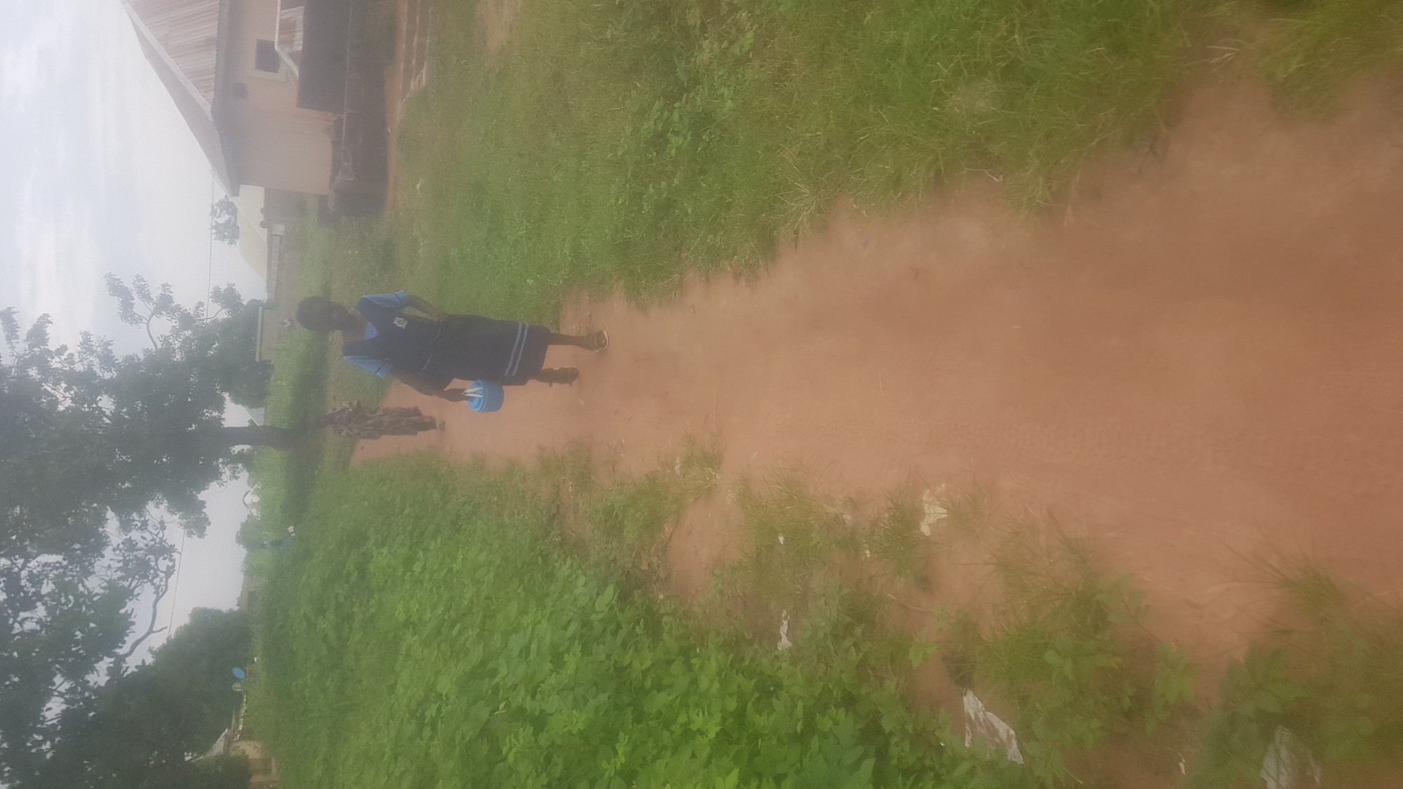 Two individuals are walking on a dirt path lined with green vegetation. The person in the foreground, who appears to be a young woman or girl, is wearing a dark vest over a light blue top and a dark skirt. She is carrying a light blue container in her right hand. Behind her, another person, possibly a child, is walking further down the path, wearing a patterned dress. In the background, a building with a pitched roof is visible, along with trees and cloudy skies. The scene is set in a rural or semi-rural area.