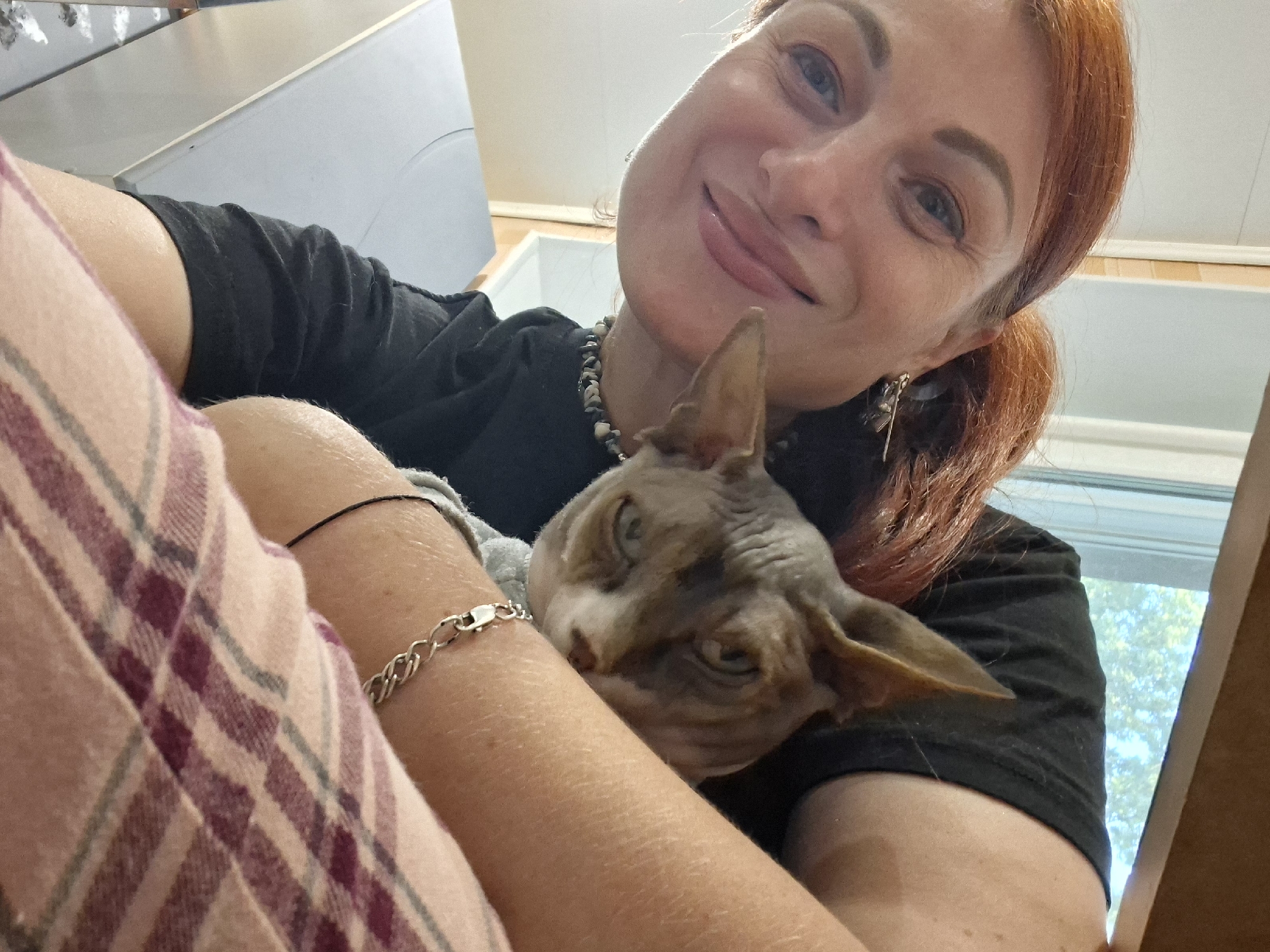 In the city of Myadzyel, Belarus, a woman with red hair is taking a selfie with a Sphynx cat. The woman is smiling and looking at the camera, while the cat is looking away. The woman is wearing a black shirt, and the cat is wearing a gray sweater. They are sitting on a couch, and the background is blurry.