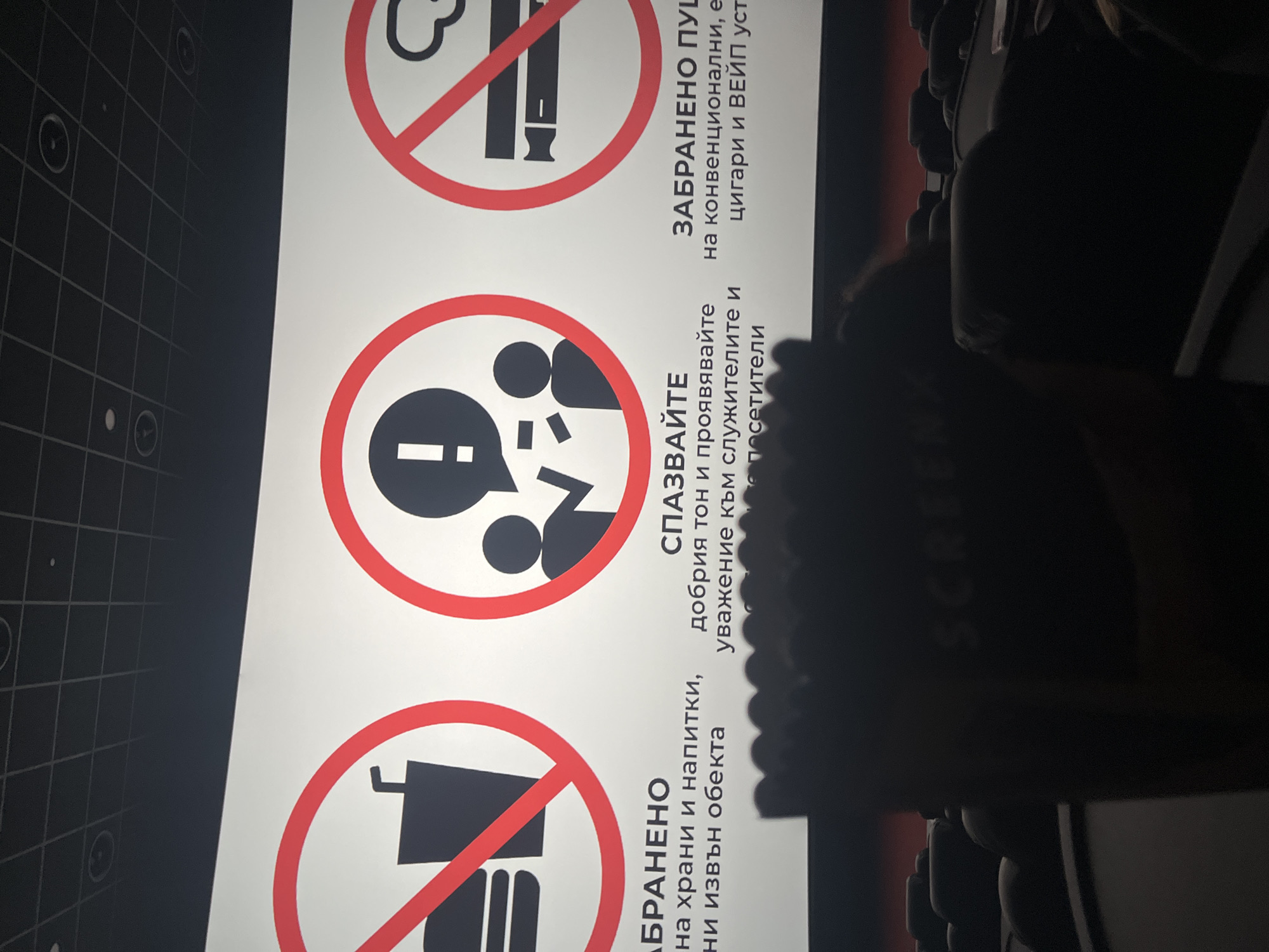 The image displays a large white informational sign, oriented vertically, with three distinct rules presented through icons and accompanying text in Bulgarian. The setting appears to be indoors, likely a public venue such as a cinema, theater, or exhibition hall in Plovdiv, Bulgaria, given the low light conditions and the nature of the rules. On the left side of the sign, a dark surface with a faint grid pattern suggests a wall or screen. The right side of the image is largely dark and blurry, possibly showing a foreground object like a chair or part of an audience in a dim environment.
The three rules on the sign are:
1. **Top rule (Prohibition of Smoking/Vaping):** Depicted by a cigarette with smoke, encircled and crossed out in red. The text "ЗАБРАНЕНО ПУШЕНЕ на конвенционални, електронни цигари и ВЕЙП устройства" translates to "SMOKING is FORBIDDEN for conventional, electronic cigarettes and VAPE devices."
2. **Middle rule (Conduct/Respect):** Illustrated by two stylized figures talking, with a speech bubble containing an exclamation mark. This icon is not crossed out, indicating a positive instruction. The text "СПАЗВАЙТЕ добрия тон и проявявайте уважение към служителите и посетителите" translates to "OBSERVE good manners and show respect to staff and visitors."
3. **Bottom rule (Prohibition of Outside Food/Drinks):** Shown by a cup and a food item (possibly a burger or sandwich) in a container, encircled and crossed out in red. The text "ЗАБРАНЕНО внасянето на храни и напитки, закупени извън обекта" translates to "Bringing in food and drinks, purchased outside the premises, is FORBIDDEN."
The overall scene conveys an environment with clear regulations for visitor behavior, emphasizing decorum, respect, and adherence to specific prohibitions within the establishment.