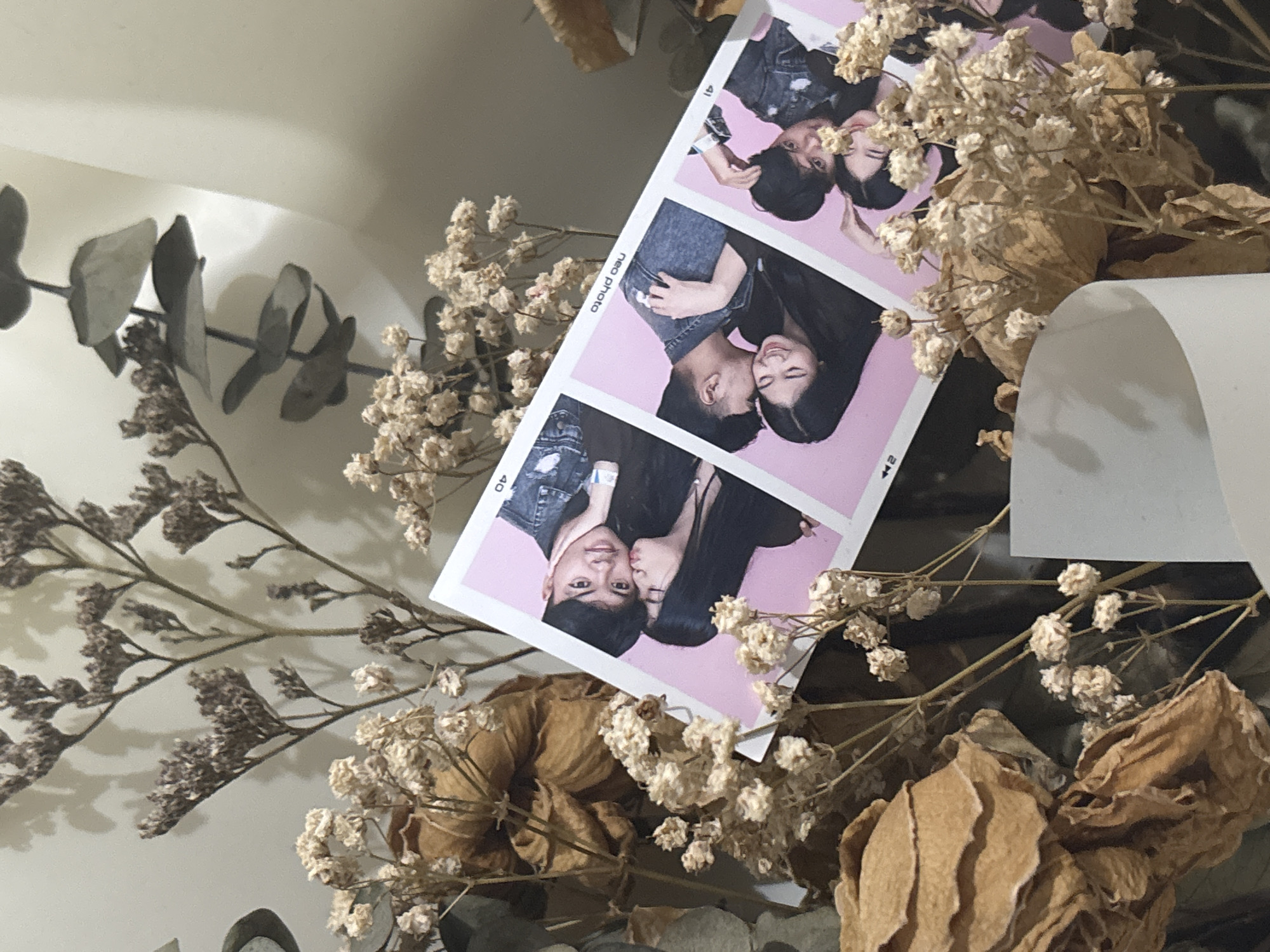 The image shows a photobooth strip of a young Asian couple, framed by dried flowers and eucalyptus leaves. The photobooth strip is angled and overlaps with the dried floral arrangement. The couple is shown in three poses, with the man kissing the woman on the cheek in one frame and nuzzling her neck in another. They are both wearing denim jackets. The background of the photobooth frames is a solid pink. The dried flowers are a mix of light beige and brown, with some larger, dried brown petals. The eucalyptus leaves are a muted grey-green. The overall impression is a romantic and nostalgic scene. There are no identifiable landmarks or street scenes to indicate a specific location in North Jakarta, Indonesia.