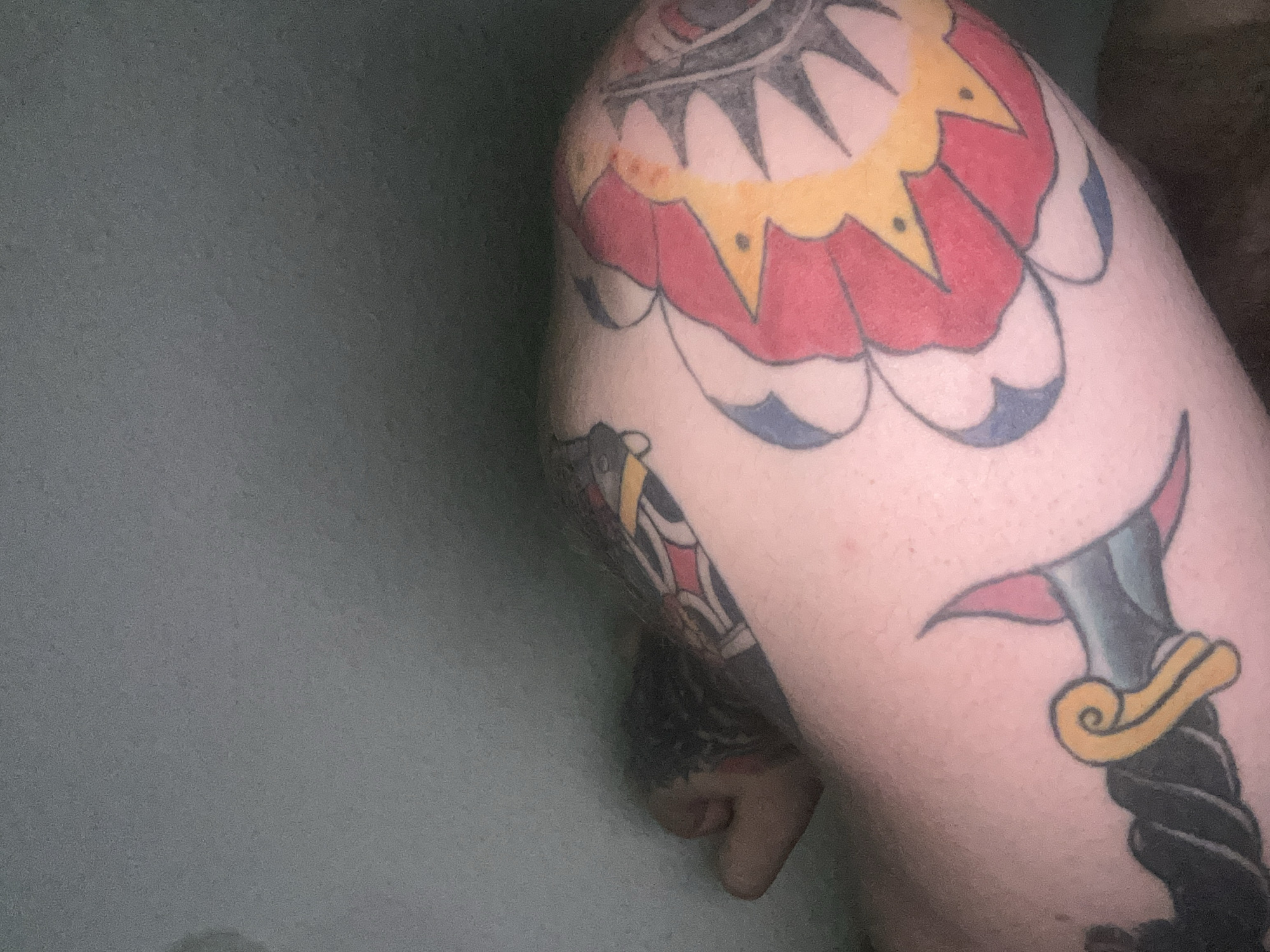 The image displays a close-up view of a person's tattooed arm, likely positioned against a plain, light gray wall. The tattoos are colorful and appear to be in a traditional American style. One prominent tattoo is a red and yellow flower with jagged yellow petals and blue accents. Another visible tattoo is a dagger with a twisted black handle and a yellow coiled hilt. The skin appears pale with some visible pores and subtle redness. The lighting is soft, casting gentle shadows. The scene is static and lacks any activity. There is no visible indication of the specific location within Gelsenkirchen, Germany.