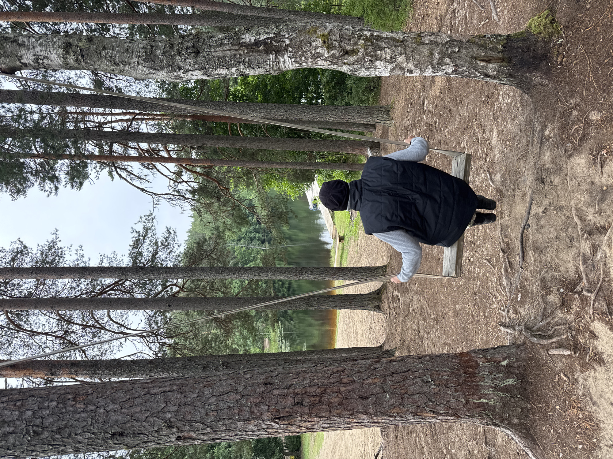 A person wearing a black vest over a grey long-sleeved shirt and a black beanie sits on a wooden swing. The swing is suspended by ropes attached to trees. The person is facing away from the camera, looking towards a lake surrounded by a forest. The ground is covered with sand, pine needles, and exposed tree roots. The location is the city of Ikhala, Russia.