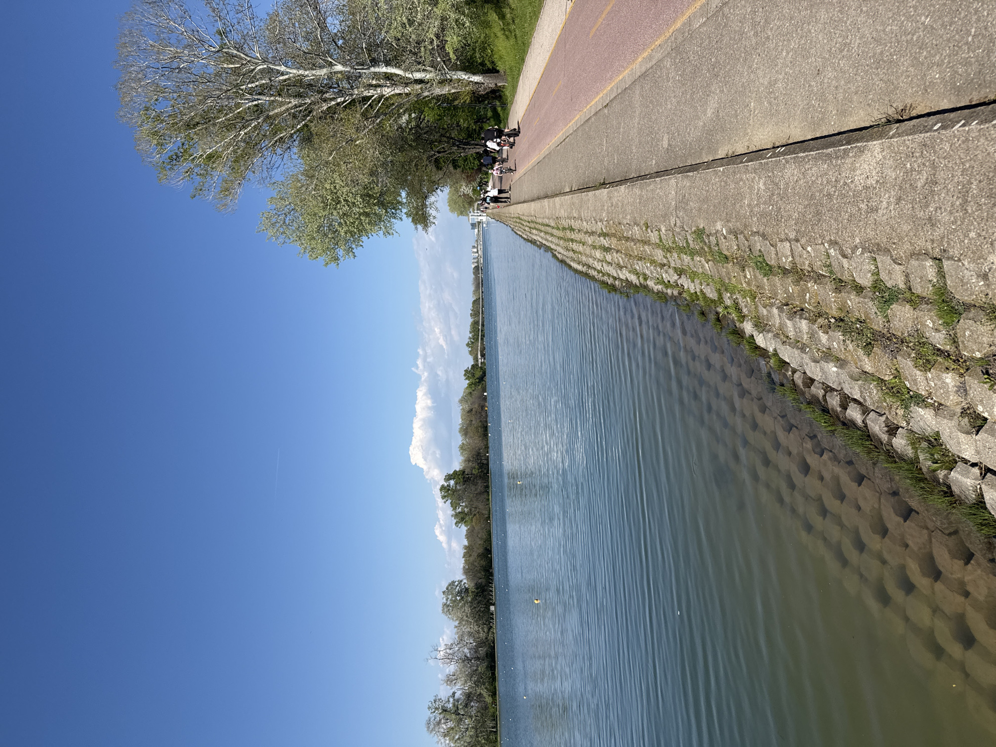 The image depicts a scene at the Rowing Canal in Plovdiv, Bulgaria. The perspective is from near the water's edge, looking along the canal.
To the left, a clear blue sky contrasts with the water's surface, which shows subtle ripples and reflections. A line of trees runs along the opposite bank of the canal. Yellow buoys are visible in the water.
On the right, a concrete embankment rises from the water, composed of interlocking concrete blocks. A paved path runs along the top of the embankment, with a section of red asphalt further along the path. A small group of people is walking or standing on the path in the distance. A few trees are present on the embankment alongside the pathway.