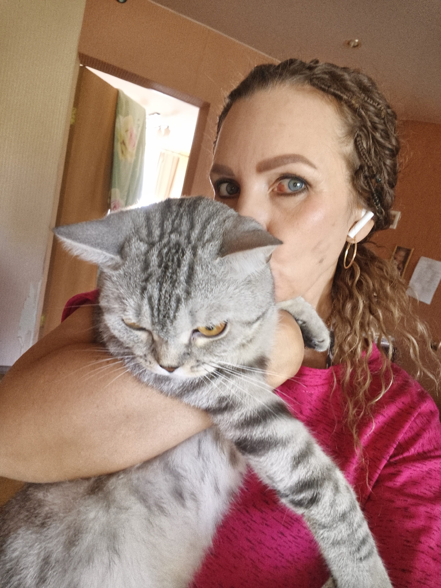 A medium shot shows a woman with braided hair and blue eyes holding a grey striped cat. She is wearing a bright pink shirt and gold hoop earrings, and a white earbud is visible in her right ear. The cat is looking downwards with its eyes partially closed. The woman is kissing the top of the cat's head. The background shows an interior room with a doorway and a wall.