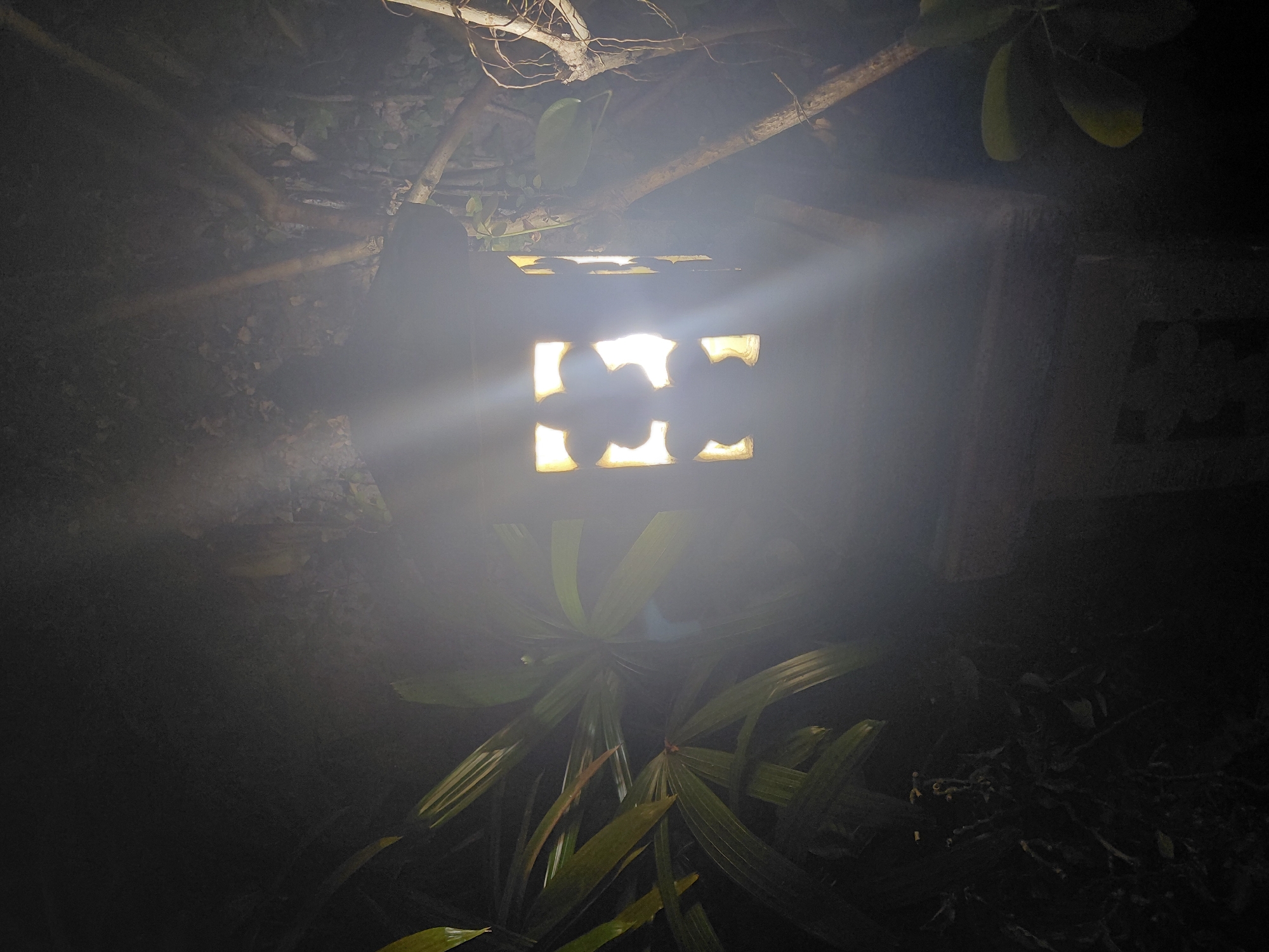 This is a medium shot, taken at night, of a lit, ornate outdoor lamp. The lamp is made of a dark, possibly stone material and has cutouts shaped like flowers. The light emanating from inside the lamp is a bright yellow-white and casts strong rays outwards. The lamp is surrounded by foliage, including large, dark green leaves to the left and smaller green leaves and branches to the right. The background is dark and indistinct, with branches and foliage visible. There is a hazy, atmospheric quality to the image, possibly due to fog or mist. The scene appears to be in a garden or outdoor area, likely in Denpasar, Indonesia, given the style of the lamp and the surrounding vegetation. No people are present in the image.