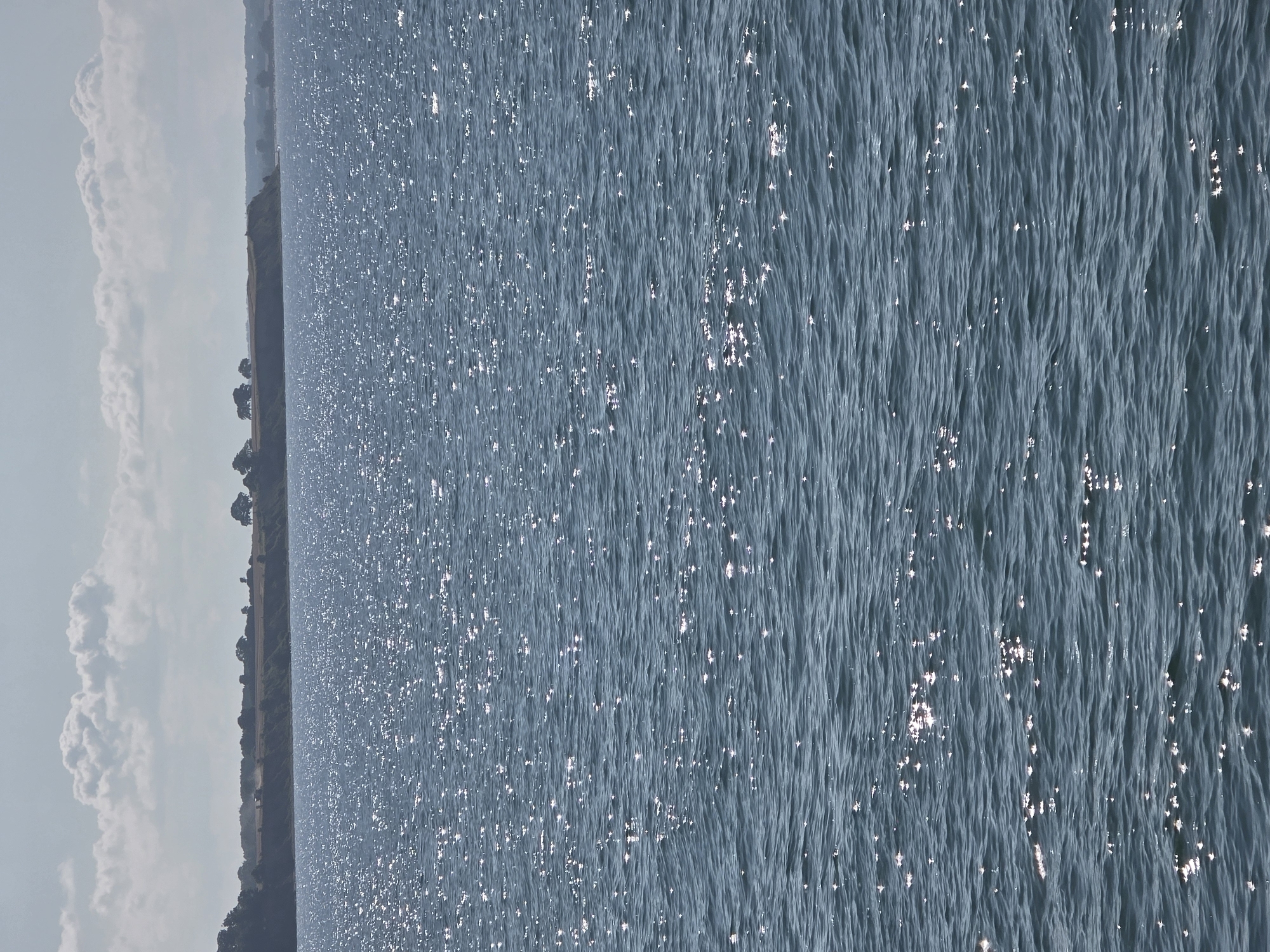 A view of the Baltic Sea off the coast of Wangels, Germany, on a bright, sunny day. The water is a deep blue, with countless small, sparkling highlights from the sun reflecting off the gentle waves. In the distance, the shoreline is visible, characterized by a line of trees and gently rolling hills. The sky above is a pale blue, with scattered, fluffy white clouds. No people or specific objects are clearly identifiable in the scene.
