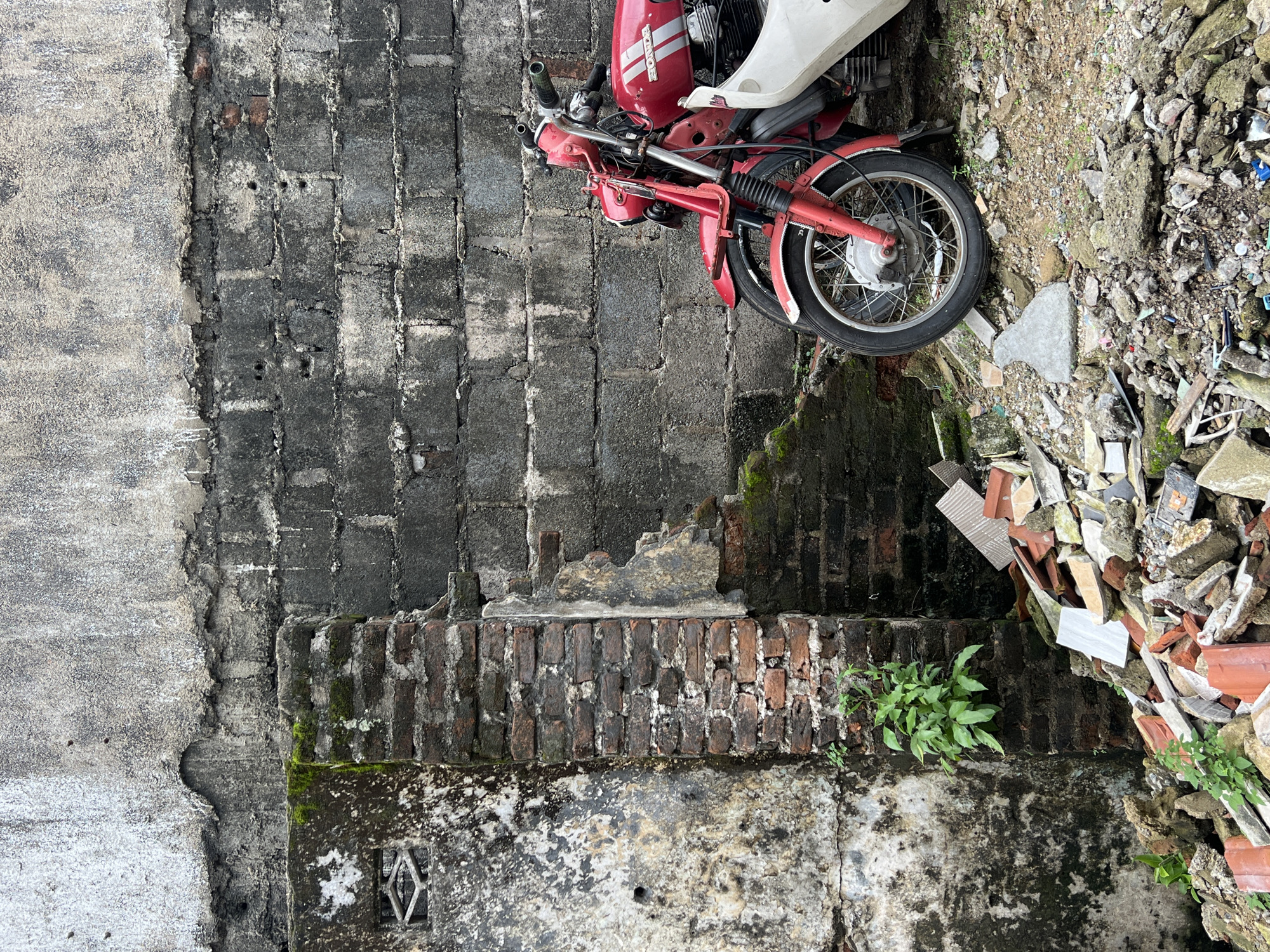 An outdoor, medium shot captures a red Honda motorcycle parked against a dark, weathered brick wall. The motorcycle's front wheel and handlebars are visible, along with a white fender. To the left of the motorcycle, a decaying brick pillar stands, partially covered in moss, next to a rough, textured wall. The ground in front of the motorcycle is littered with rubble, including broken bricks, tiles, and debris, with some small green plants growing amongst the wreckage. The overall scene suggests an abandoned or neglected urban environment.