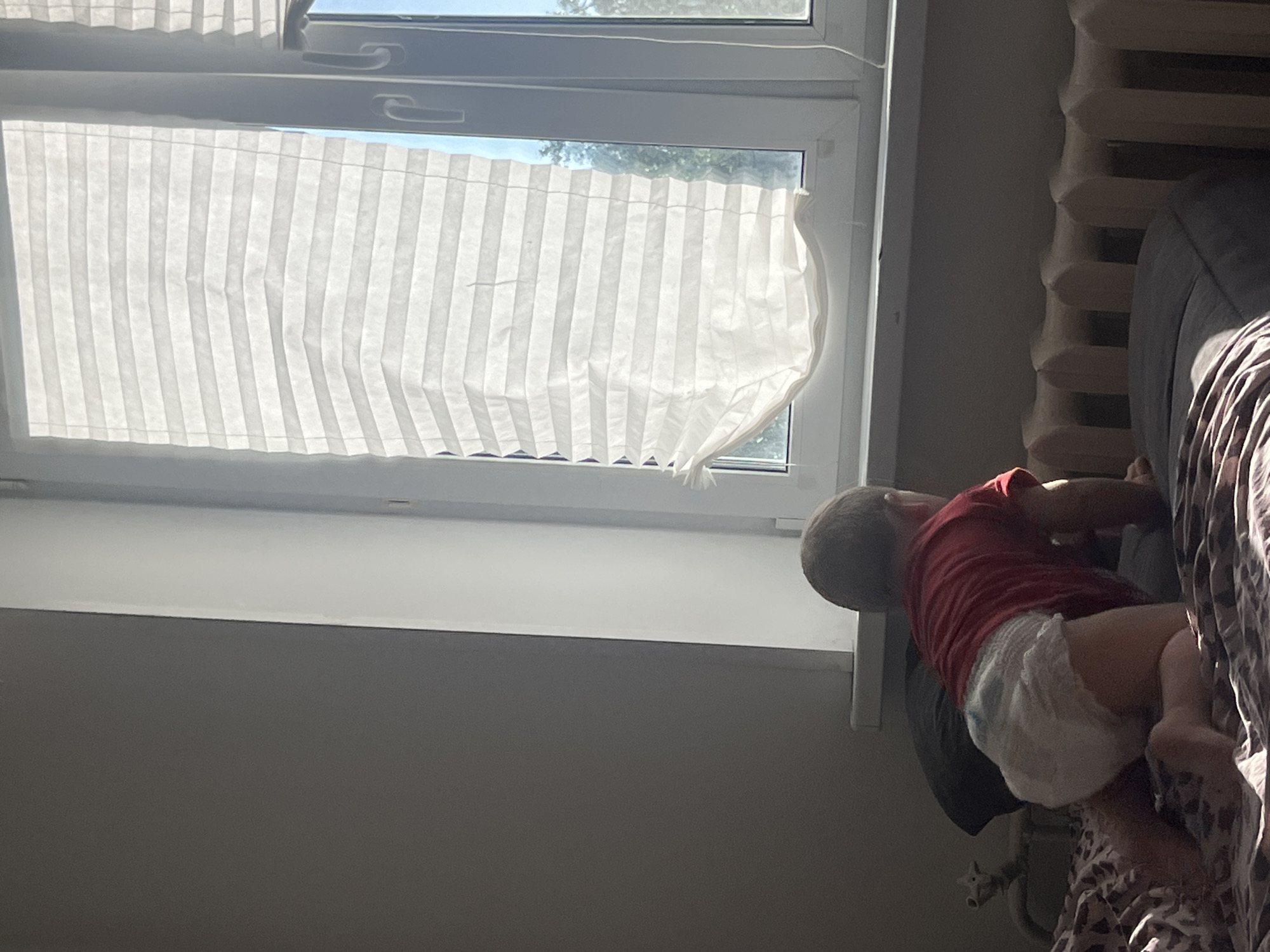 This is a vertical, medium-shot photo taken indoors, likely during the daytime. The sun is shining through a large window, casting shadows and creating a bright atmosphere. In the foreground, a young child, appearing to be a toddler, is dressed in a red t-shirt and a diaper. The child is positioned on what appears to be a sofa, leaning towards the window. The child's body is mostly visible, and they are looking towards the window. Behind the child, a radiator is partially visible, suggesting the room is in a residential building.
The window has a white frame and is covered with a light-colored, pleated blind. The blind is partially pulled down, allowing sunlight to stream through, illuminating the room. The texture of the blind is clearly visible, with vertical folds. Outside the window, glimpses of trees and sky can be seen, indicating a possibly warm or pleasant weather day. The overall scene feels domestic and casual. The lighting suggests it could be morning or afternoon. No visible text is present in the image. The location context of Chelyabinsk, Russia, does not offer specific visual cues within the image itself.
