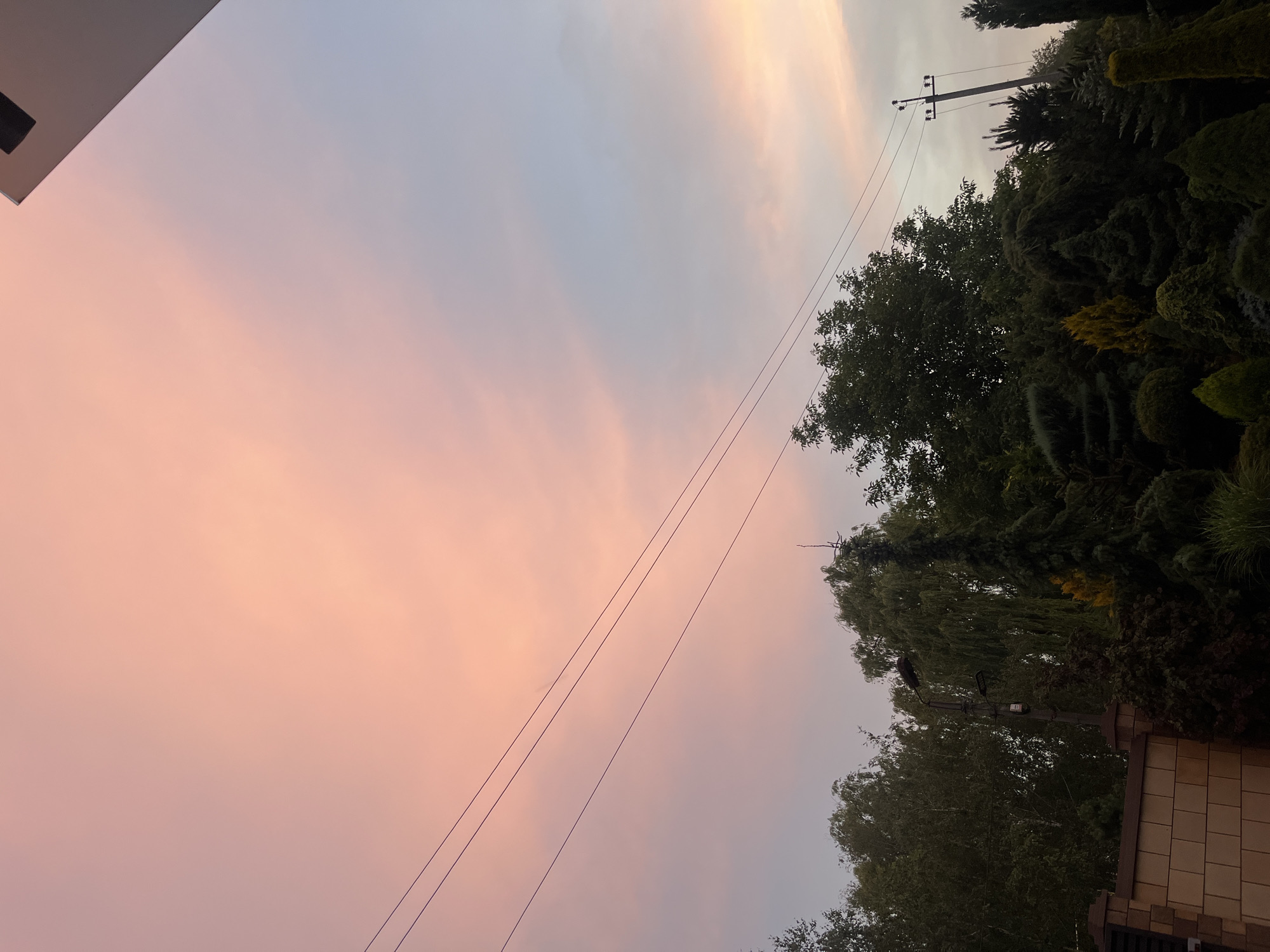 The image depicts a suburban scene in Koroviia, Ukraine, during twilight. The sky is a gradient of soft pinks and blues, indicating either sunrise or sunset. Several power lines crisscross the frame, diagonally cutting through the sky. On the right side of the image, a dense collection of trees and manicured bushes forms a natural barrier. Among the foliage, a streetlamp is visible, mounted on a pole. The top left corner of the image shows a portion of a modern building's exterior, possibly a house or apartment complex, with dark-colored structural elements. The overall mood is tranquil, evoking a sense of calm as day transitions into night. There is no visible text in the image.