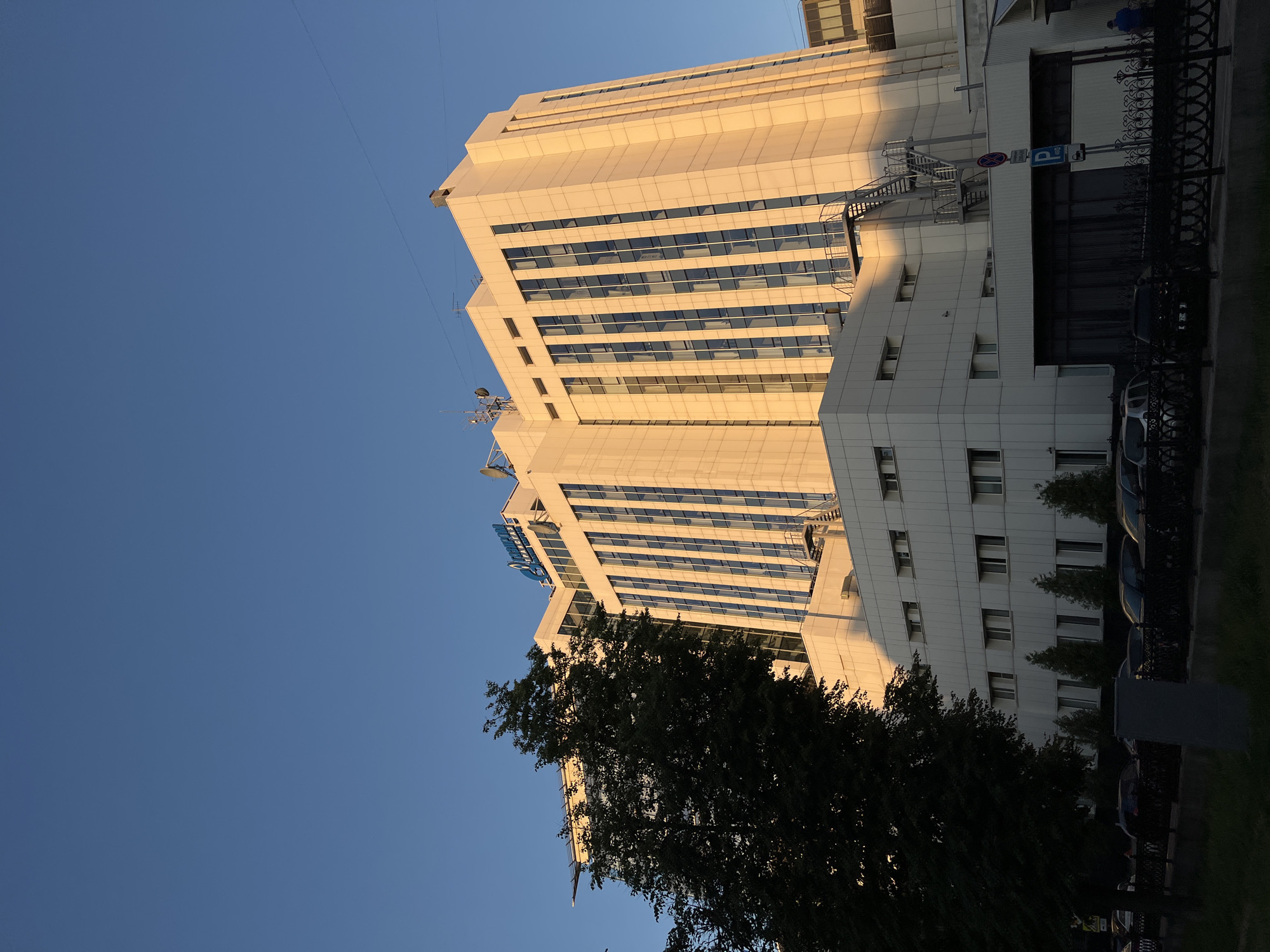 The image shows the building of the Gazprom Transgaz Nizhny Novgorod complex in Nizhny Novgorod, Russia, bathed in the warm glow of the setting sun. The large, modern, multi-story building features a facade of light-colored panels and numerous windows, some reflecting the blue sky. A prominent blue logo with the text "ГАЗПРОМ" is visible at the top of the building. A large, dark green tree stands in the foreground to the left, partially obscuring the building. In front of the building, a street is visible with parked cars and a decorative black metal fence. The sky is a clear, deep blue, indicating good weather. The overall scene depicts a corporate building in an urban environment during a sunny evening.