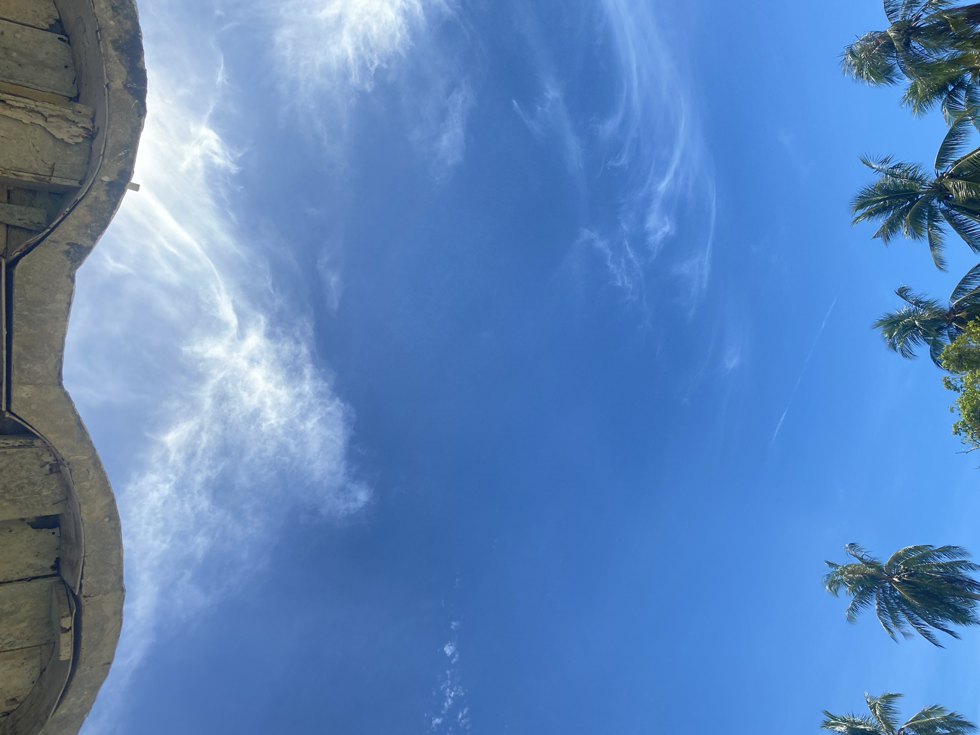 The image shows a view towards the sky. In the upper right and lower right, palm trees are visible. In the upper left, there is a section of a gray, weathered concrete structure with visible layers and cracks. The sky is blue with wispy white clouds. The location is Seuneubok Teungoh, Indonesia.