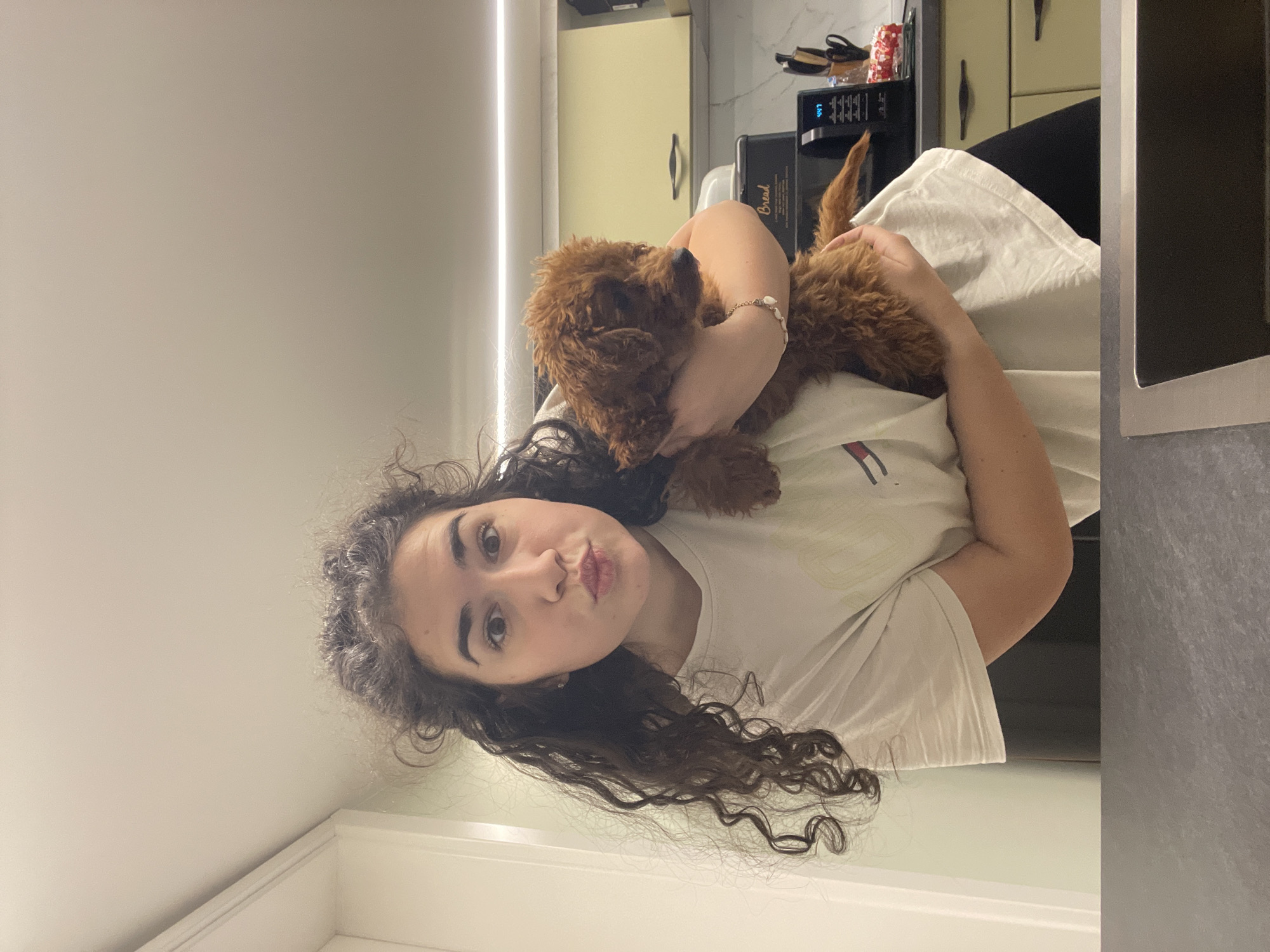 A young woman with long, dark, curly hair is depicted holding a small, brown, curly-haired puppy in an indoor setting, likely a kitchen. She looks directly at the camera with a playful expression, forming a slight pout with her lips. The woman is wearing a white t-shirt, which features a small logo on the left side, possibly from the brand Tommy Hilfiger. A light-colored, possibly beaded, bracelet is visible on her right wrist as she cradles the puppy.
The puppy, which appears to be a poodle or a similar curly-coated breed, is nestled comfortably in her arms, looking away from the camera. The background reveals a modern kitchen area with light yellow or cream-colored upper cabinets and dark grey countertops. Several kitchen appliances are visible on the counter, including a coffee maker and a black appliance that clearly displays the word "Bread." A vertical strip light illuminates the wall on the left side of the frame. The lighting suggests an indoor environment, making the specific time of day indistinguishable. While the location context is Sofia, Bulgaria, there are no distinct visual cues within the image to identify this.