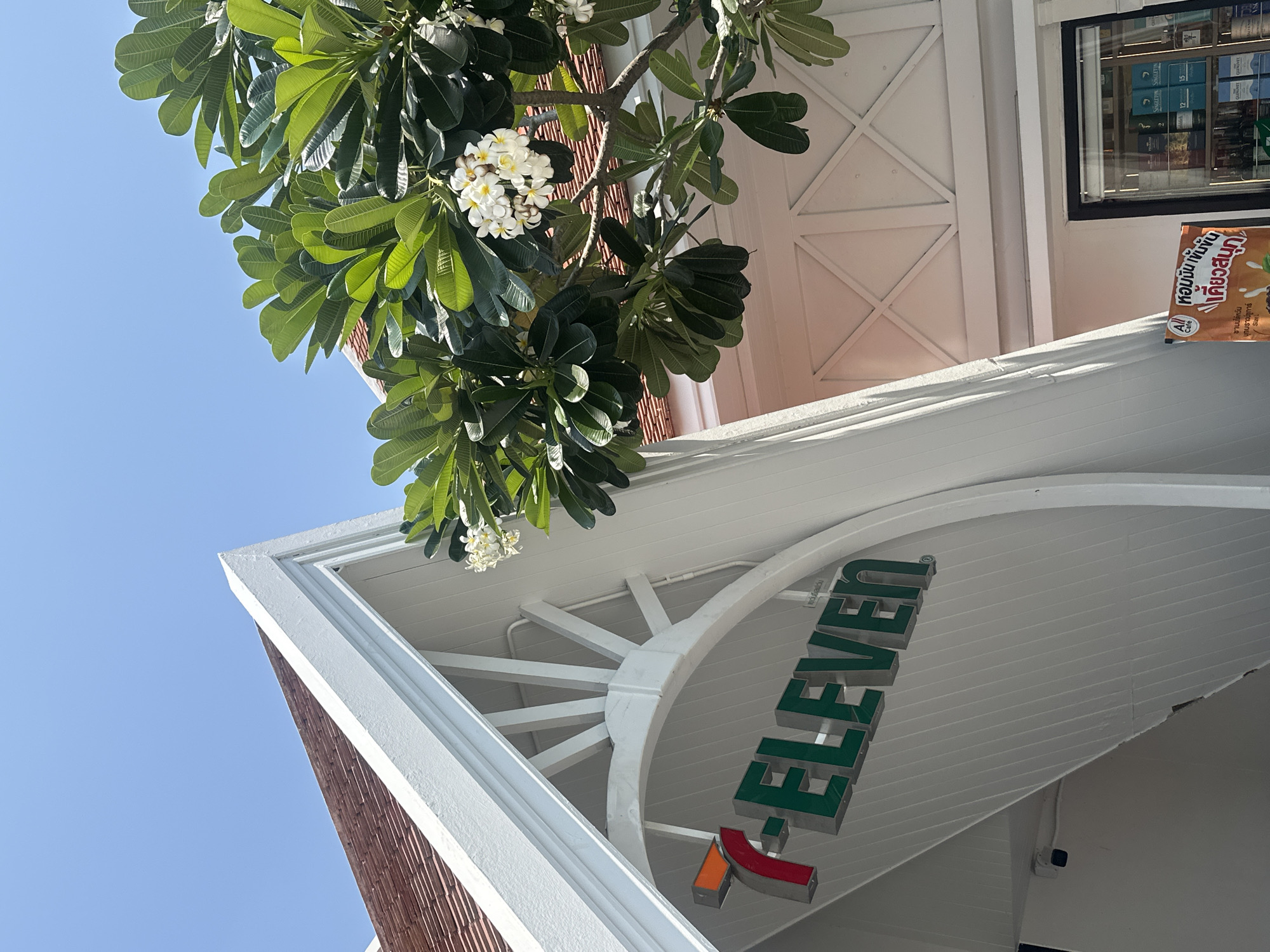 The image captures a low-angle view of a 7-Eleven store facade, likely located in Pattaya City, Thailand. The store's sign, "7-ELEVEN," is prominently displayed in green lettering above a red and orange "7." A branch laden with green leaves and white flowers hangs in the upper left corner, partially obscuring the bright blue sky. The building's exterior features a white-painted roof with intricate geometric designs. A window can be seen above the roofline, partially revealing items inside. A promotional advertisement is attached to the side of the building, displaying an image of a brown drink and Thai text. The brick facade of the building is visible on the left side of the image.