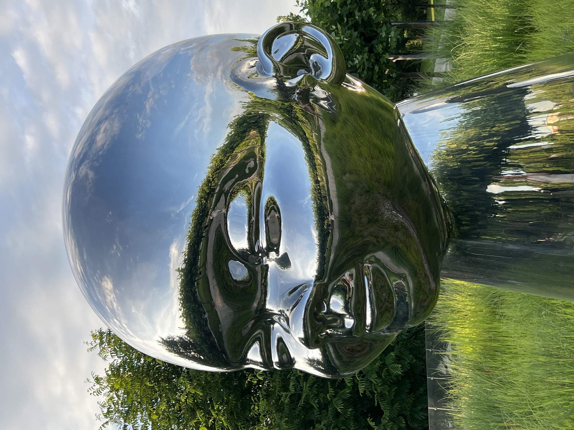 The image shows a close-up of a large, highly polished chrome sculpture of a baby's head, reflecting the surrounding environment. The sculpture is located in a park-like setting with lush green grass in the foreground and trees with dense foliage in the background. The sky above is partially cloudy, with blue sky visible. The reflection on the sculpture shows trees, clouds, and what appears to be a pathway with some distant figures. The sculpture is positioned outdoors, likely in a public space. The style of the sculpture suggests it is a modern art installation. The specific location is the Krasnodar Expo, a large exhibition and convention center in Krasnodar, Russia, where this sculpture is a prominent feature of the grounds.
