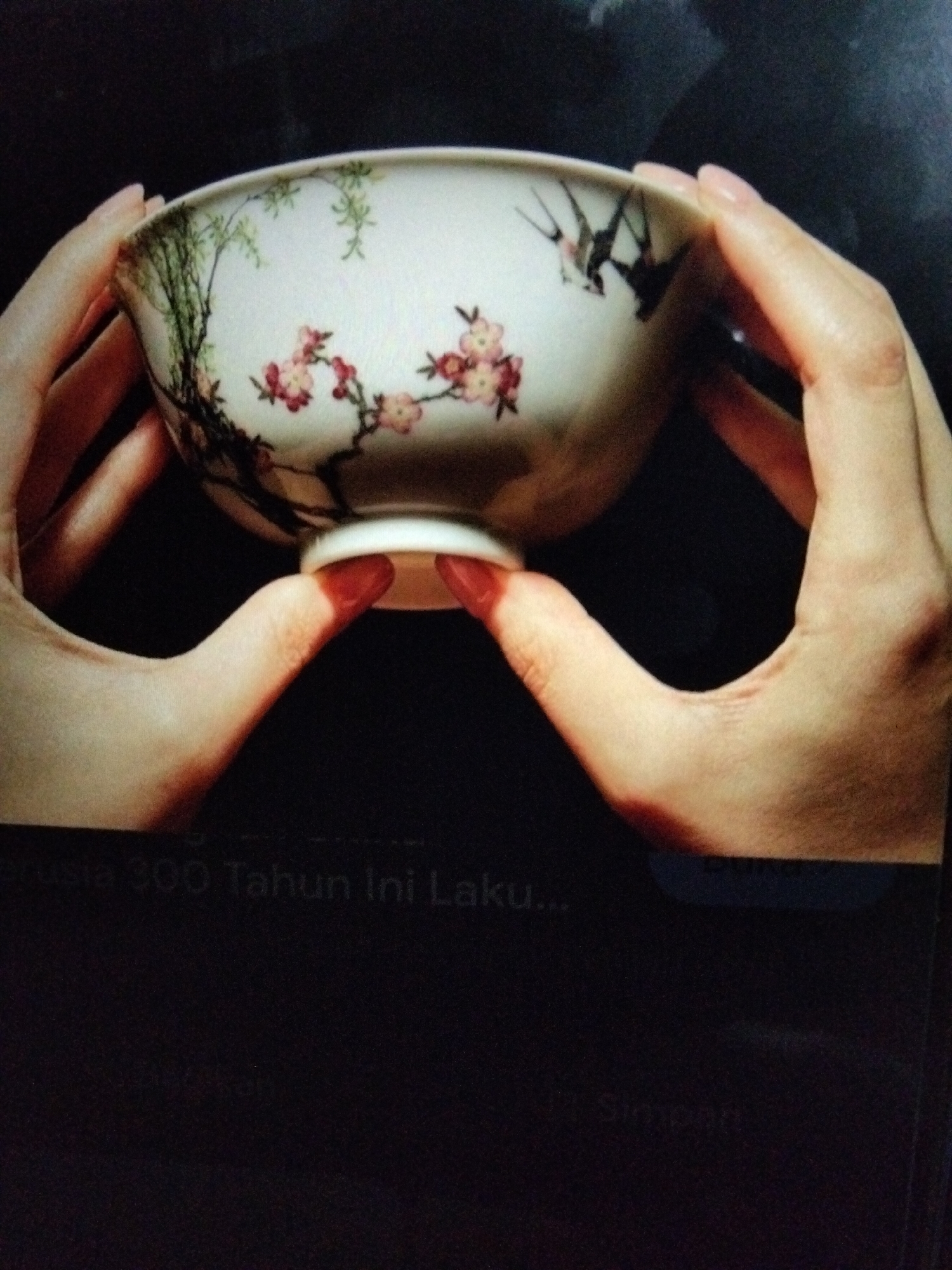 Two hands are holding a white porcelain bowl with floral and bird motifs. The bowl is decorated with pink cherry blossoms and two black birds in flight. The hands are positioned on opposite sides of the bowl, with the fingers curled around its exterior and the thumbs supporting its base. The background is dark, suggesting an indoor setting. The bottom of the image shows text that appears to be a digital interface, with the words "erusia 300 Tahun Ini Laku..." and "Simpan" visible. There is no information available regarding the location in the city of Kualaraja, Indonesia.