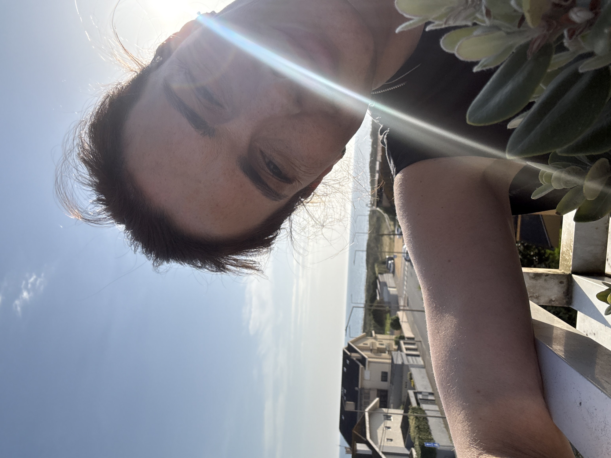 The image, rotated 90 degrees clockwise, presents a close-up, high-angle selfie of a person against a bright outdoor backdrop. The individual, with dark hair and visible freckles on their face, looks down towards the camera. A strong sunflare diagonally streaks across their face and the upper part of their body, illuminating their dark top and a thin necklace. Their right arm rests on a light-colored railing, which forms part of the foreground.
Beyond the person and railing, the scene reveals a clear, light blue sky with a few wispy clouds. In the mid-ground, a residential area is visible, featuring several houses with varying architectural styles and a road where cars are parked. In the far distance, a tranquil body of water, likely the ocean, stretches to meet the horizon. Green foliage from a plant adds a natural element to the upper right corner of the frame. The bright sun and prominent lens flare indicate a sunny day, likely mid-day, in a coastal setting. The overall mood is relaxed and bright, consistent with the described location of Vila Nova de Gaia, Portugal. No visible text is present in the image.