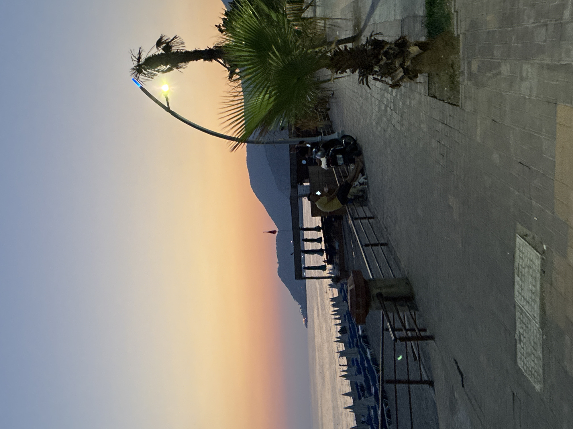 The image depicts a beach promenade in Alanya, Turkey, at dusk. The sky displays a gradient of soft blues and oranges, indicative of sunset or sunrise. On the left side of the frame, rows of closed beach umbrellas and lounge chairs are visible on the sand, facing the calm sea. A metal railing separates the beach area from the promenade.
The promenade itself is paved with brick-like stones. Several palm trees are present, one of which is prominently featured on the right side of the image, with its fronds illuminated by a nearby streetlamp. A modern streetlamp, with a curved pole, arches over the promenade.
On the promenade, a person wearing a yellow shirt is sitting on a railing, looking at their phone. A scooter is parked nearby. Two small dogs are also present near the person. Further down the promenade, other indistinct figures and parked scooters can be seen.
In the background, hills or mountains rise against the sky. A structure with a roof, possibly a cafe or restaurant, with umbrellas and chairs underneath, is situated between the beach and the mountains. A small red flag is planted atop this structure. The overall scene conveys a peaceful, late-day atmosphere by the sea.