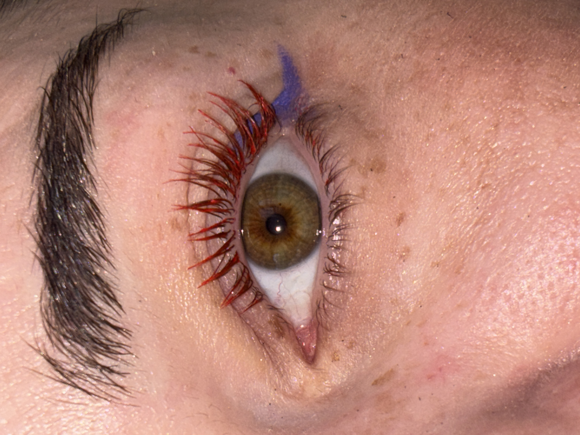 This is a close-up, forensic photograph of a human eye. The eye is open and facing the camera, revealing a hazel iris with visible brown flecks and a dark pupil. The upper eyelashes are colored bright red, appearing spiky and voluminous. There is a blue eyeliner stroke visible on the outer corner of the eyelid, extending towards the temple. The skin surrounding the eye is light-toned with visible freckles and what appear to be fine glitter particles. The eyebrow above the eye is dark and well-defined. The image does not provide any information about the location in the city of Sinyavino, Russia, or any context beyond the immediate subject.