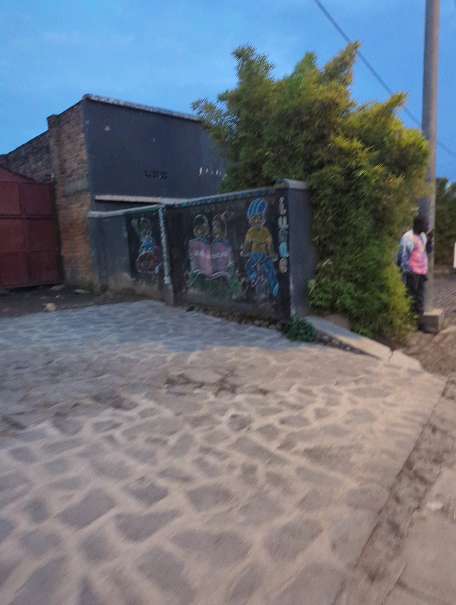The image depicts a scene at dusk in the Musanze District of Rwanda, with a focus on a low-rise building and an adjacent paved area. The building has a dark gray, flat roof and brick walls, with a large, reddish-brown gate on the left side. A section of the building's wall features murals of children. One mural shows a child on a bicycle, and another depicts two children reading a book. Lush green vegetation, likely bamboo, grows behind this wall, obscuring a portion of the building and the sky. A utility pole with visible wires stands to the right. In the background, a person wearing a tie-dye shirt is partially visible near the utility pole. The ground in the foreground is paved with cobblestone-like stones, showing a transition to a concrete ramp on the right side of the image. The sky is a deep blue, indicative of twilight.