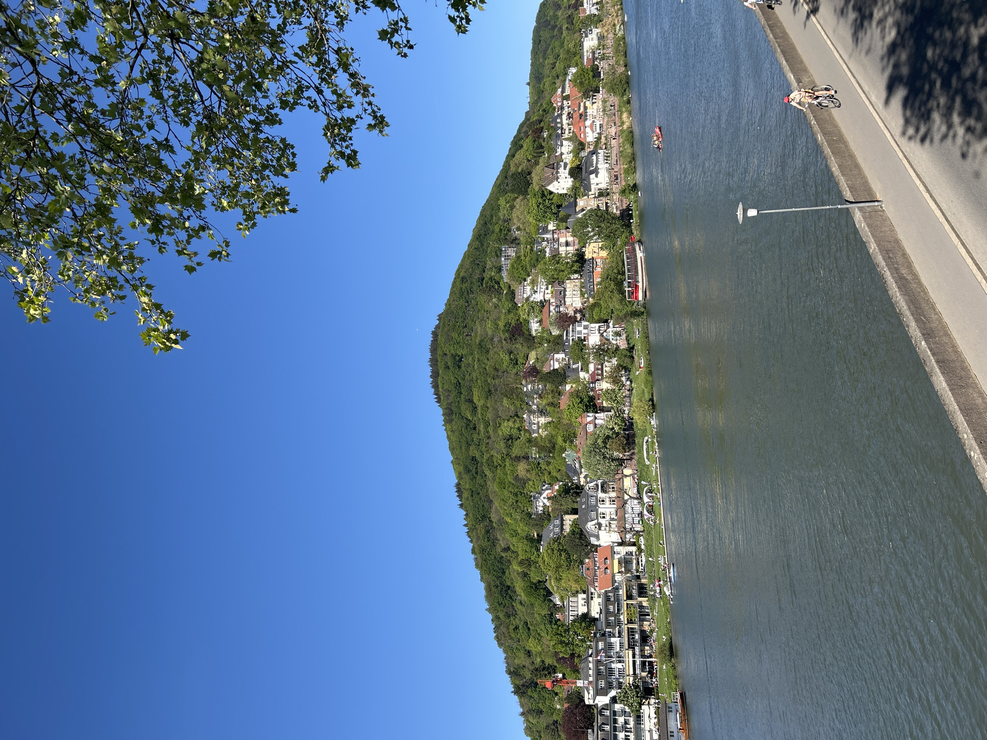 The image shows a view of a town on a hillside next to a river. The town consists of houses and buildings nestled among trees. On the right side of the image is the river, with a narrow paved walkway alongside it. A cyclist is riding on the walkway. A lamppost stands next to the walkway. Boats are visible in the river. The sky is clear and blue. A tree with green leaves is visible in the upper left corner of the image.
