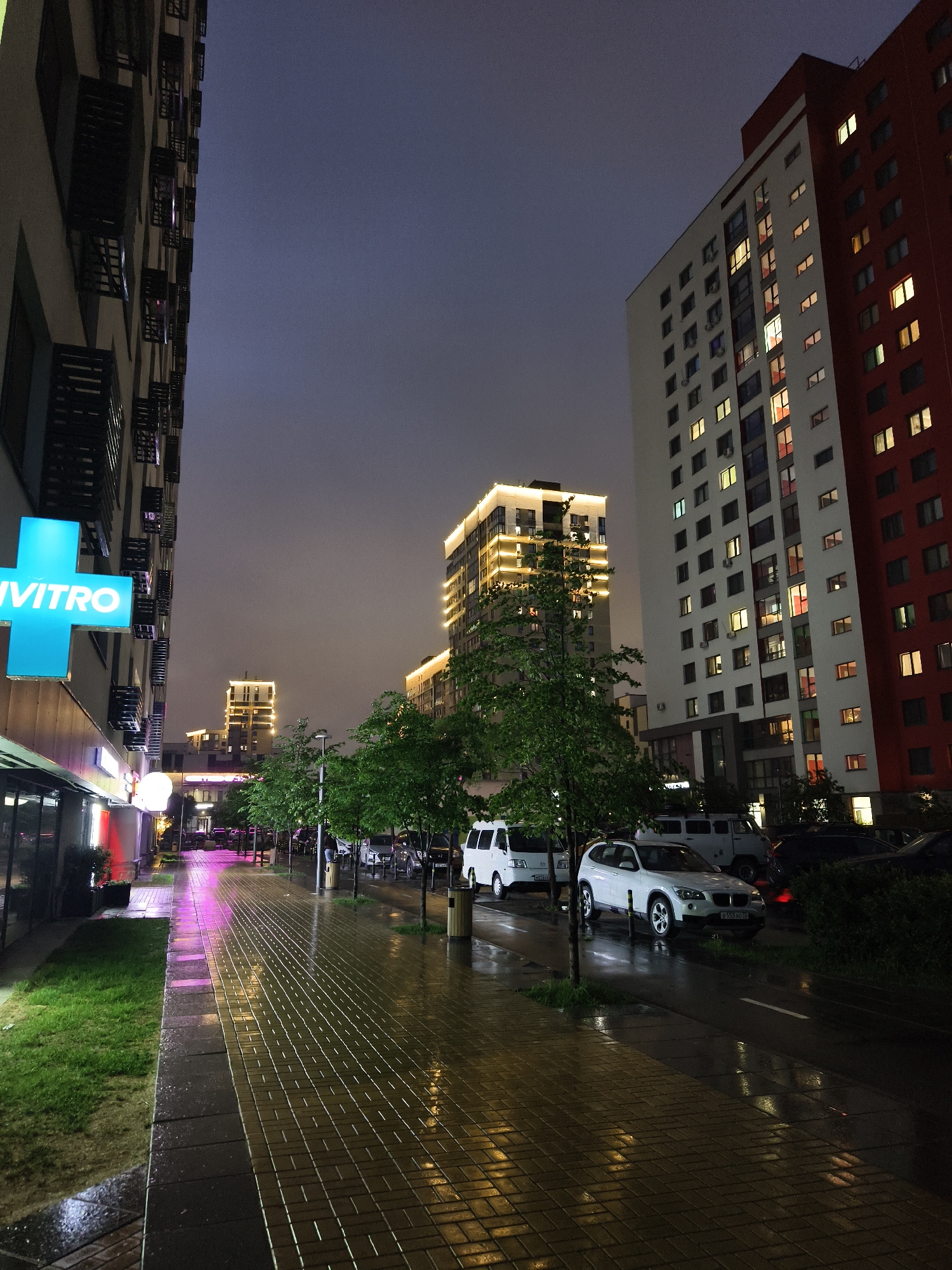 The image depicts a street scene in Tyumen, Russia at night, likely after a rain. The foreground shows a wet, brick-paved sidewalk and street reflecting streetlights and neon signs. A grassy area separates the sidewalk from the building on the left, which features a bright blue VITRO sign (likely a medical clinic). Cars are parked along the street, including a white BMW SUV. Trees line the sidewalk, their leaves still green. In the background are illuminated buildings, including one with a red and white facade and another with horizontal bands of light. The sky is overcast and dark.
