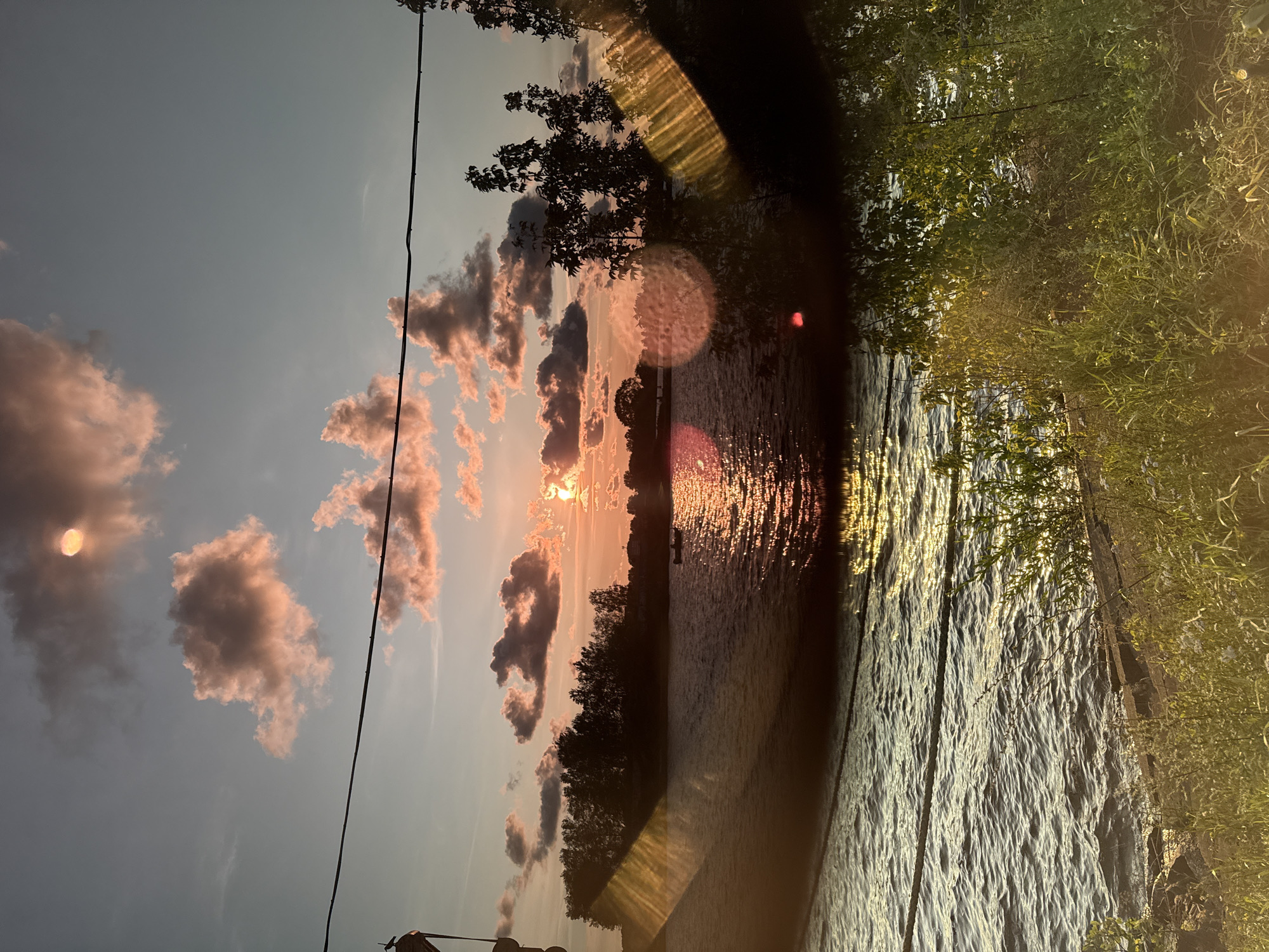 The image captures a sunset over a body of water, likely a river or a lake, with a silhouette of trees and vegetation lining the banks. The sky is a gradient of soft blues and oranges, with pink-tinged clouds scattered across it, illuminated by the setting sun. The sun itself is a bright orb, partially obscured by clouds, casting a shimmering golden reflection on the rippling water. In the distance, a small boat with figures can be seen on the water. The foreground shows a grassy embankment with some wildflowers and dense green foliage. There are also visible lens flares and a dark horizontal line across the upper portion of the image, suggestive of power lines or a bridge railing. The overall scene evokes a peaceful, natural setting during twilight. Given the provided metadata, this scene is identified as being located on the Daugava River in Riga, Latvia.