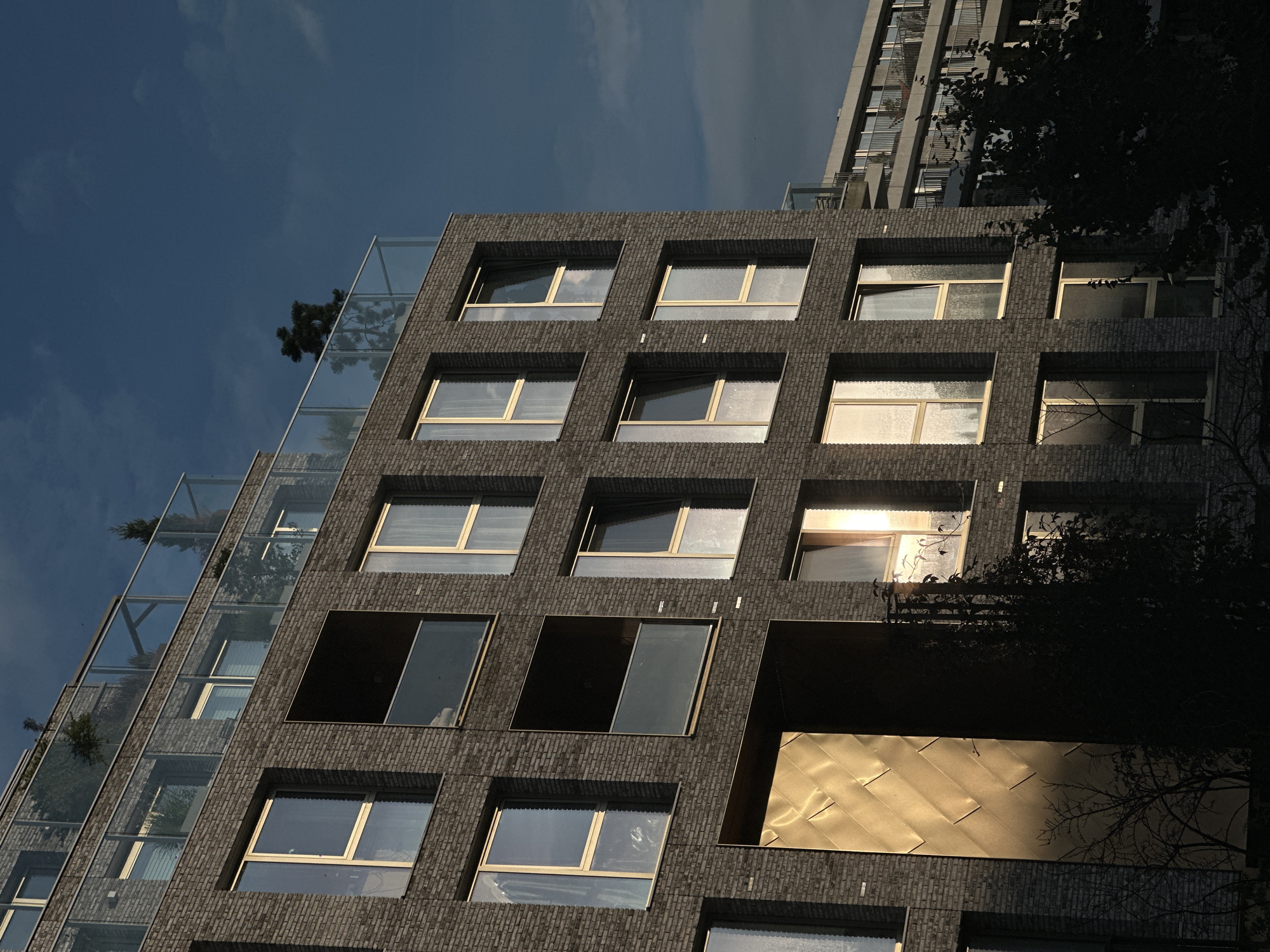 The image shows a modern brick building in Amsterdam, Netherlands, bathed in the golden light of a setting sun. The building features multiple floors with large windows, many of which reflect the sky or the warm glow of the sun. Some windows have sheer curtains visible. There are balconies with glass railings on the upper levels, adorned with small trees and plants. A distinctive feature is a large, golden-colored panel set into the facade near the bottom left, which also catches the sunlight. In the background, another building with a concrete facade and balconies is visible, also appearing to be residential. Silhouetted trees and branches in the foreground add depth to the scene. The sky is a deep blue with hints of clouds, suggesting either early morning or late evening light. The overall impression is one of contemporary architecture integrated with natural light.