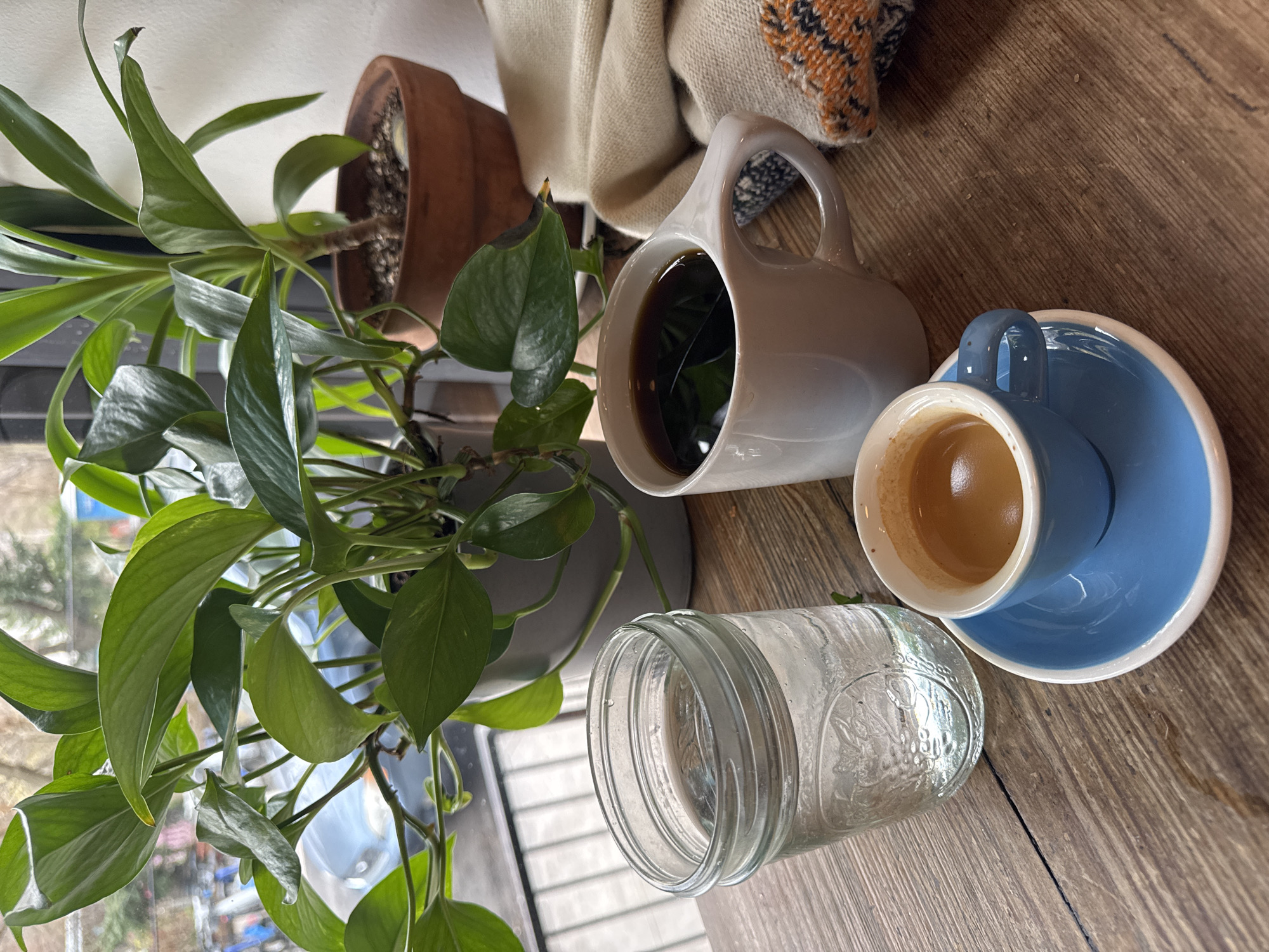 The image displays an indoor scene within a cafe or similar establishment, situated in the city of New York, United States of America. A rustic wooden table serves as the primary surface.
On the table, from left to right, are:
1. A clear glass Mason jar, approximately two-thirds full of clear water, showing embossed markings on its side, including the number "13".
2. A light grey or off-white ceramic mug with a wide handle, containing a dark liquid identified as black coffee.
3. A small, light blue ceramic espresso cup with a matching saucer, holding a shot of espresso topped with light brown crema.
4. A folded textile item, possibly a blanket or scarf, in a cream color with an exposed section featuring an orange, black, and white geometric knit pattern, is positioned on the far right.
In the background, positioned between the table and a window, are two potted plants. The plant on the left, in a grey pot, has large, glossy green leaves. The plant on the right, in a terracotta pot, features narrower, upright green foliage.
Through the window, a blurred outdoor urban environment is visible, suggesting daylight conditions. Elements discernible include bare tree branches, a dark metal railing or fence, and several blue-framed bicycles. The design and color of these bicycles are consistent with Citi Bike, New York City's public bike-sharing system. No individuals are present in the scene.