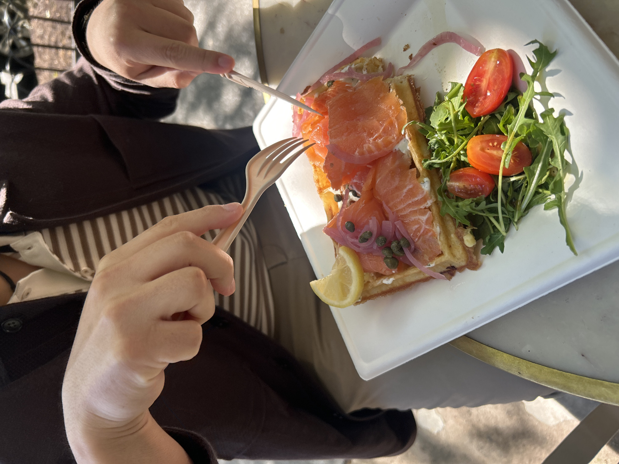A top-down, brightly lit image captures a person's hands and a savory meal served on a white rectangular plate. The person, dressed in a dark brown long-sleeved top over a striped shirt and light-colored pants, is actively eating, holding a light-colored fork in their left hand and a thin skewer or pick in their right.
The central subject is the food: a waffle base generously topped with slices of smoked salmon, thinly sliced pickled red onions, and capers, along with a creamy spread (likely cream cheese). A fresh lemon wedge is placed beside the waffle. Accompanying the main dish is a side salad, vibrant with fresh arugula and halved cherry tomatoes.
The setting appears to be an outdoor cafe or restaurant, indicated by the strong sunlight casting distinct shadows across the table and food, suggesting a clear, sunny day. The table itself has a light-colored surface, possibly stone or metal, with a subtle golden edge visible at the bottom right. The overall ambiance suggests a casual and pleasant dining experience, likely brunch or lunch. There is no visible text in the image.