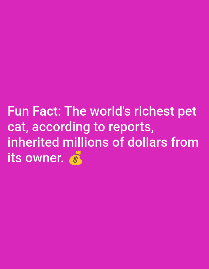 The image is a digital graphic with a vibrant pink background. Centered on the lower half of the image is white text that reads: "Fun Fact: The world's richest pet cat, according to reports, inherited millions of dollars from its owner. $". To the right of the text is a yellow emoji of a money bag with a dollar sign on it. The graphic appears to be a social media post or a digital illustration designed to convey a piece of trivia. There are no people, specific scenes, settings, time of day, weather, or location cues visible in the image. The only notable detail is the text itself and the accompanying emoji, which humorously illustrate the fun fact about a wealthy pet cat.