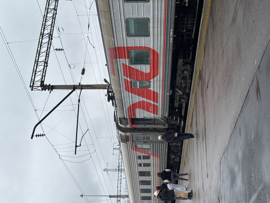 The image depicts a railway station platform in Rossosh, Russia, under an overcast sky. A silver-colored passenger train, bearing the red "РЖД" (RZD - Russian Railways) logo prominently on its side, is stopped alongside the platform. Two train cars are visible, with an open door at the coupling point between them. Markings "МЕСТ-ПЛ" and "МЕСТ-04" are visible on the train cars, along with car numbers "520 83074" and "7595-18" near the bottom.
On the dark, wet-looking platform, a group of approximately five individuals stands near the train. One person, an older male with gray hair, is walking away from the train towards the foreground, with his hands clasped behind his back. The other individuals are standing closer to the train, appearing to be waiting or observing. They are dressed in outerwear, suggesting cool weather.
Overhead, a complex network of electrical catenary lines and support structures, including a concrete pole and a metal lattice gantry, spans above the railway tracks. A yellow tactile warning strip runs along the edge of the platform next to the train. The overall impression is a typical scene at an active railway station during a non-sunny day.