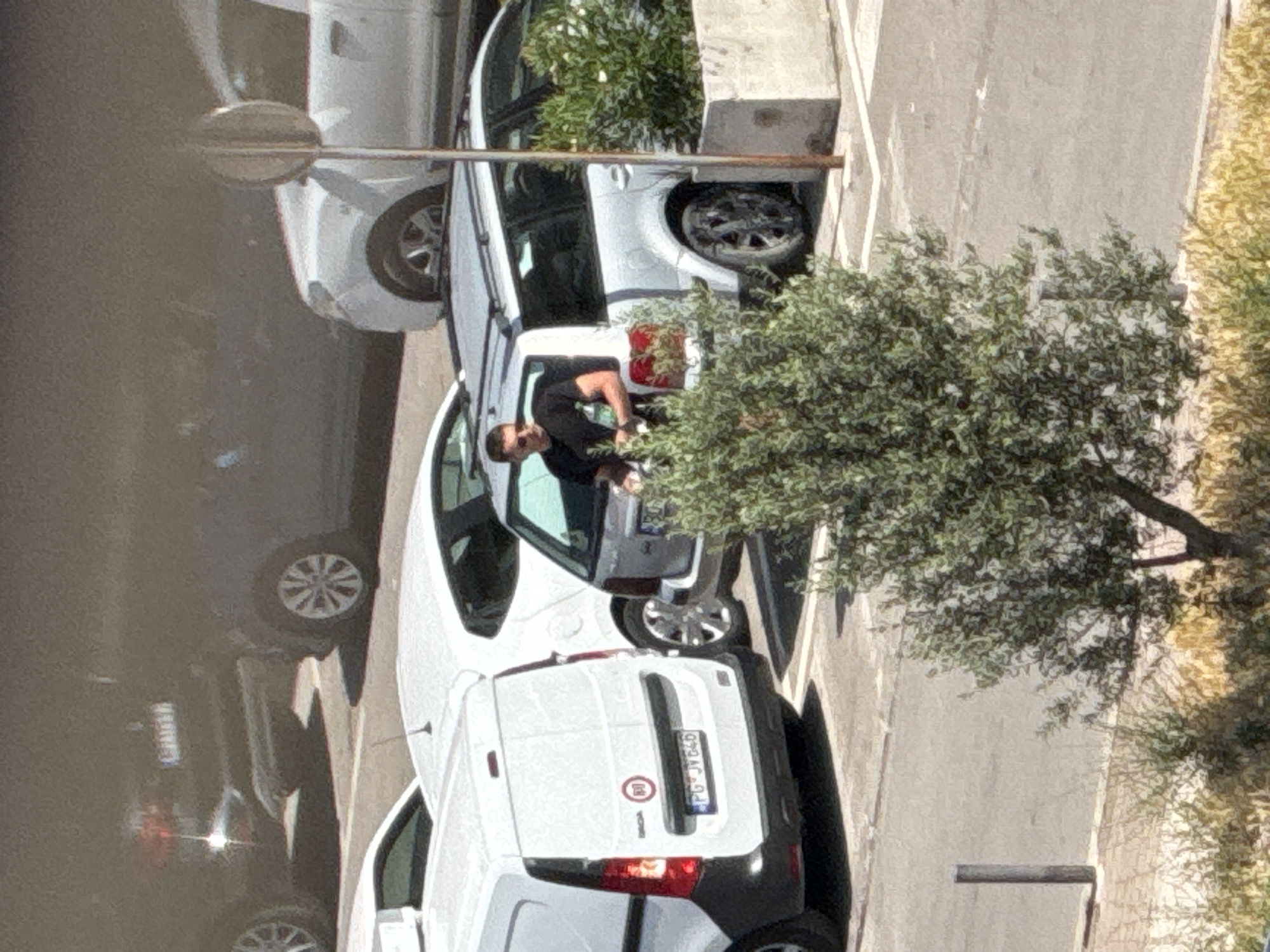 A man in a black t-shirt is standing in the open driver's side door of a silver station wagon. He is holding a green bottle. The station wagon is parked in what appears to be a parking lot. Behind the station wagon, a white van is parked. To the right of the station wagon is a concrete planter with green bushes. In the background, several other cars are parked. The scene is set in an outdoor urban environment, possibly in Budva, Montenegro, as suggested by the car license plate. The lighting indicates it is daytime.