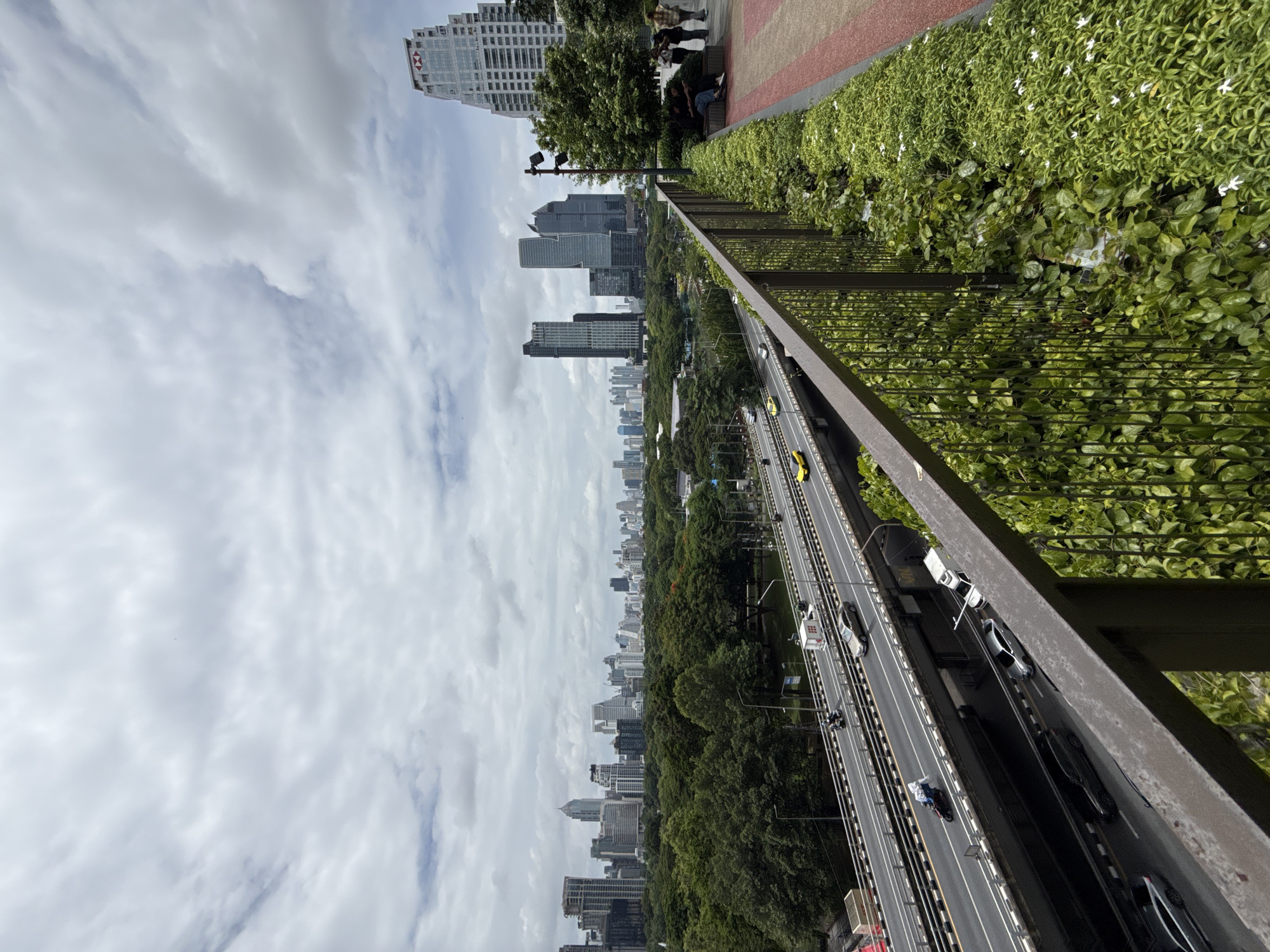 This is a high-angle medium shot of a cityscape in Bangkok, Thailand, on a cloudy day. In the foreground, a dark metal railing overlooks a vibrant green garden area with a red and grey paved walkway. Several people are visible sitting and standing on a bench to the right of the walkway. Beyond the garden, an elevated highway is busy with traffic, including cars, motorcycles, and a white van. Lush green trees dominate the middle ground, forming a dense canopy that stretches towards the skyline. The background features a dense collection of modern skyscrapers and buildings of varying heights, characteristic of a major metropolitan area. The sky is overcast with diffused light.