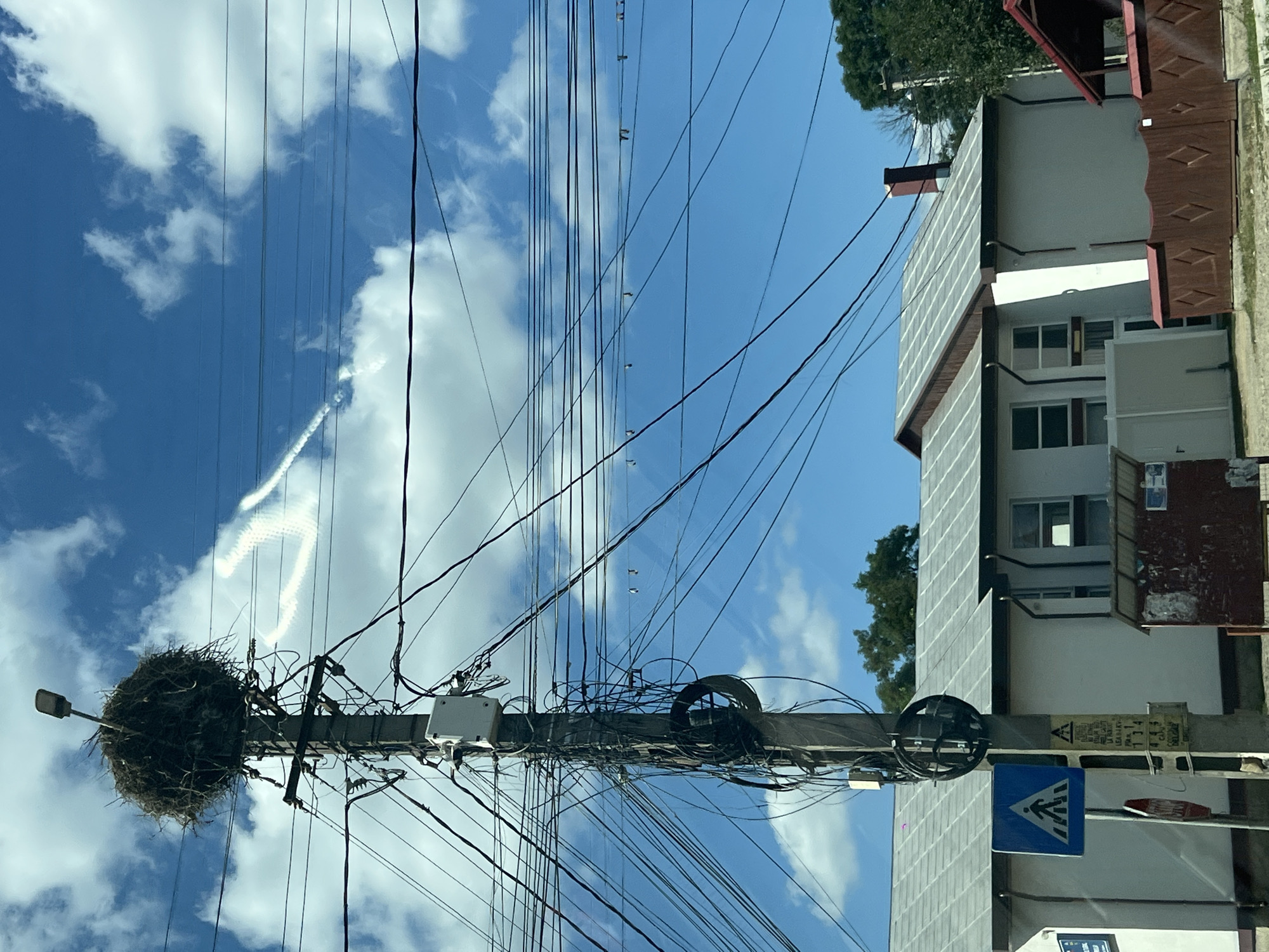 This image depicts a utility pole topped with a large bird's nest, likely a stork's nest, located in the village of Capu Codrului, Romania. The pole is heavily laden with numerous electrical wires and cables, creating a visually complex and somewhat tangled network. A white electrical box is mounted on the pole. Below the nest, a circular object, possibly a cable reel, is attached. A blue pedestrian crossing sign with a white pictogram of a person walking is also affixed to the pole, along with a red stop sign. In the background, a white building with a gray tiled roof is visible, featuring multiple windows and a dark red fence. The sky is blue with scattered white clouds, and a faint contrail from an aircraft is present. Dense green trees are visible on the right side of the image. The scene appears to be a street view within the village.