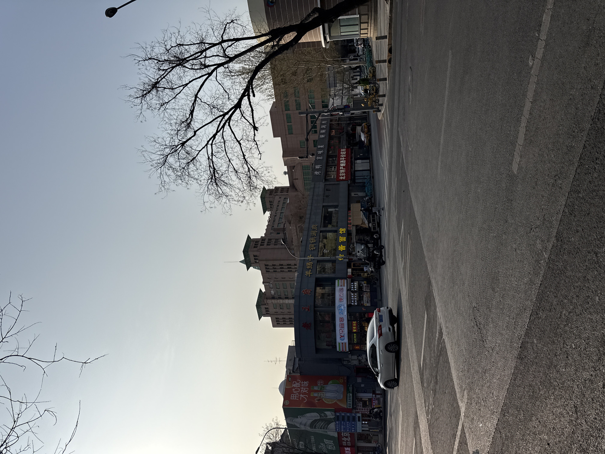 This is an outdoor urban scene in Dongcheng District, China, taken on a clear day. The camera is positioned at street level, capturing a view of a wide asphalt street. A white sedan is parked partially on a crosswalk. The street is lined with commercial buildings displaying various signs and advertisements in Chinese characters. The architecture includes traditional green roof designs on some of the buildings. A bare tree stretches across the upper portion of the frame, with its branches reaching towards the sky. A street lamp is visible above the tree. The environment appears to be a commercial area with retail businesses. The light is soft, suggesting early morning or late afternoon.