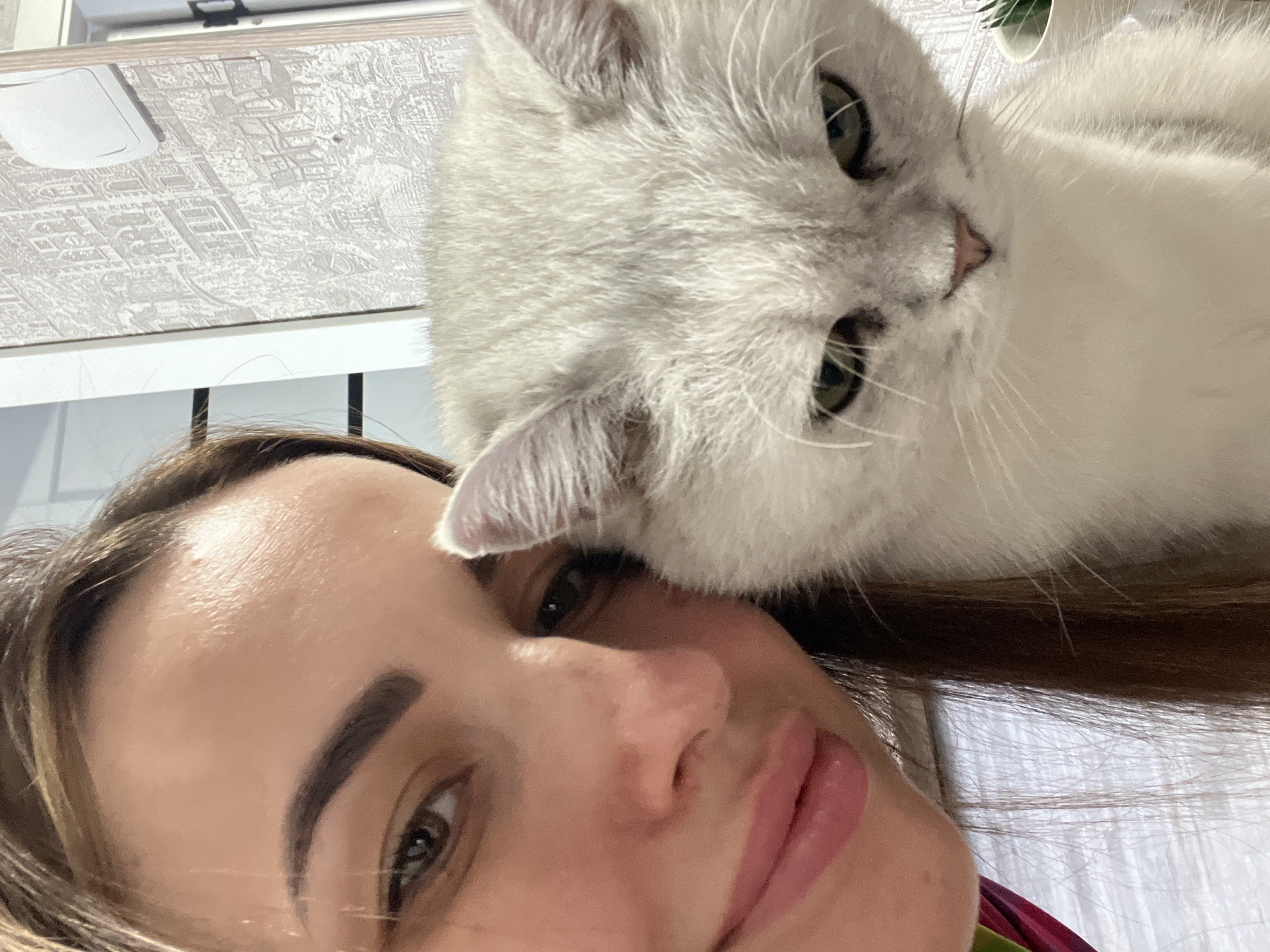 A close-up, slightly tilted selfie shows a woman and a cat. The woman has fair skin, brown hair, and is facing the camera with a slight smile. The cat, a breed with gray and white fur and green eyes, is positioned close to the woman's face, almost resting its head on her forehead. The background includes a ceiling with a patterned wallpaper and a hint of greenery at the top right. The location and city are not discernible from the image.