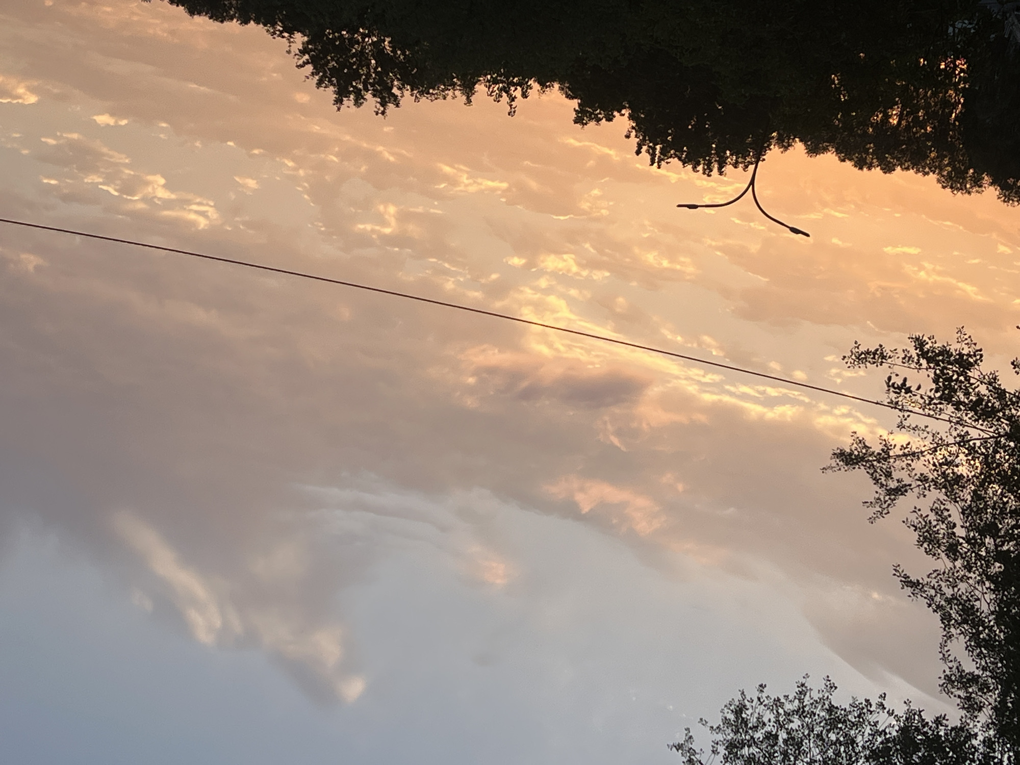 The image captures a dusk sky over Warsaw, Poland, with hues of orange and pale blue dominating. The clouds are scattered, with some illuminated by the setting sun, creating a textured appearance. In the foreground, the dark silhouettes of trees line the horizon. A street lamp with two curved arms is visible amidst the trees, its lights not illuminated. A thin, dark wire stretches horizontally across the upper portion of the frame, obscuring a small section of the sky. The branches of a large tree frame the upper left corner of the image. The scene appears to be a quiet urban landscape at the end of the day.