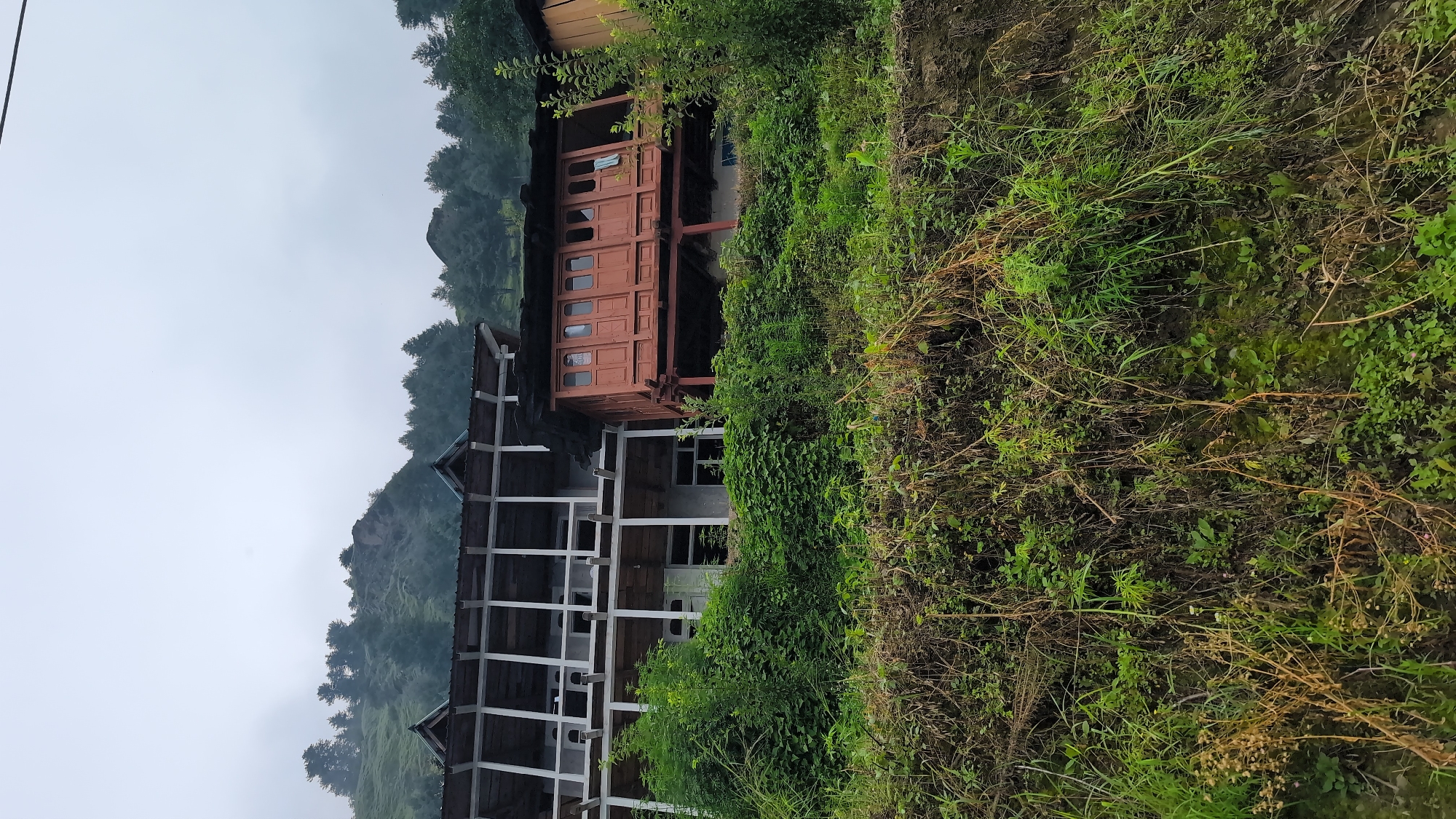 The image captures a view of traditional buildings nestled on a hillside in Cheelaage, India. The architecture features multi-story structures with prominent wooden balconies and roofs, possibly indicative of a mountain or hilly region. The buildings are surrounded by dense green foliage and vegetation, with the hillside showing signs of natural growth. The sky is overcast and appears cloudy or foggy, suggesting a humid or temperate climate. The scene depicts a rural or semi-urban setting, emphasizing the integration of human habitation with the natural landscape.
