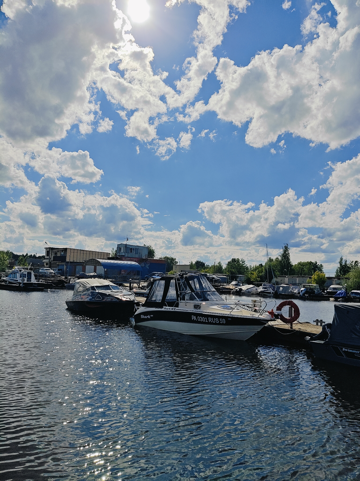 The image depicts a bright, sunny day at a marina in Chaikovsky, Russia, located on the Kama River. The sky is a vibrant blue, dotted with fluffy white clouds. Sunlight reflects off the rippling water, creating a shimmering effect. Several boats are moored at a wooden dock. In the foreground, two motorboats are prominently visible. One is a sleek, dark boat with a covered cockpit, while the other is a white and black motorboat with a "Shark" logo and Russian registration "PA 0301 RUS 59". A red life preserver is attached to the dock next to this boat. In the background, more boats are docked, and beyond them are industrial-looking buildings and a line of trees. The overall scene conveys a sense of leisure and activity at a waterside location.