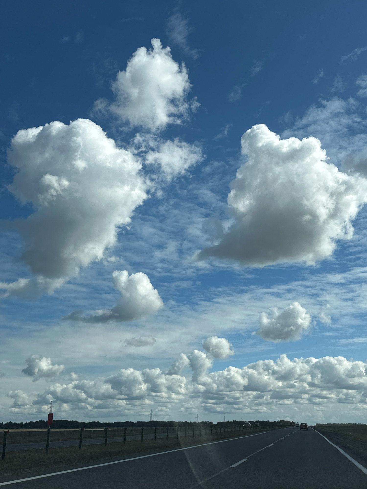 This is a full-frame, eye-level, outdoor, vertical shot of a highway in the city of Дукорскі сельскі Савет, Belarus, on a cloudy day. The sky is a vibrant blue, with numerous fluffy white cumulus clouds scattered across it. The highway stretches into the distance, with two lanes visible in each direction. Cars can be seen driving on the highway. The road is bordered by a grassy shoulder and a fence. In the background, there is a line of trees and some power lines. The overall impression is one of a clear and open road, with a beautiful, dramatic sky overhead.