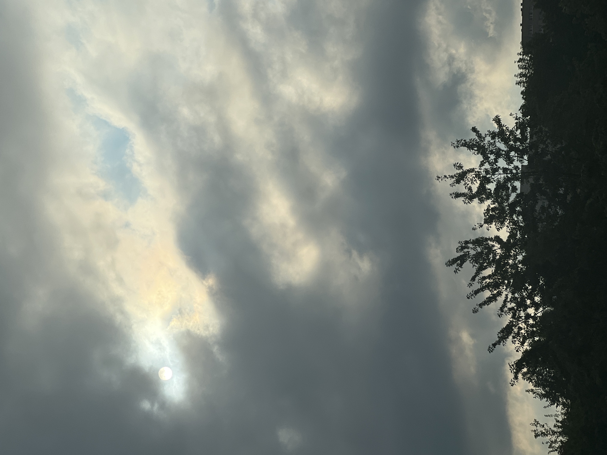 The image depicts a cloudy sky with the sun partially visible through a gap in the clouds. The sun appears as a bright, white orb, slightly diffused by the surrounding atmospheric conditions. The clouds are a mix of dark, heavy grey masses and lighter, illuminated sections, suggesting a dynamic weather pattern. Below the sky, the dark silhouettes of trees and buildings are visible, indicating an urban or suburban environment. The architectural style of the building in the background, with its repetitive window pattern, is consistent with residential buildings found in Warsaw, Poland. The trees are dense and leafy, with branches extending upwards towards the sky. The overall impression is one of an overcast day, possibly transitioning into or out of rain, common in Warsaw.