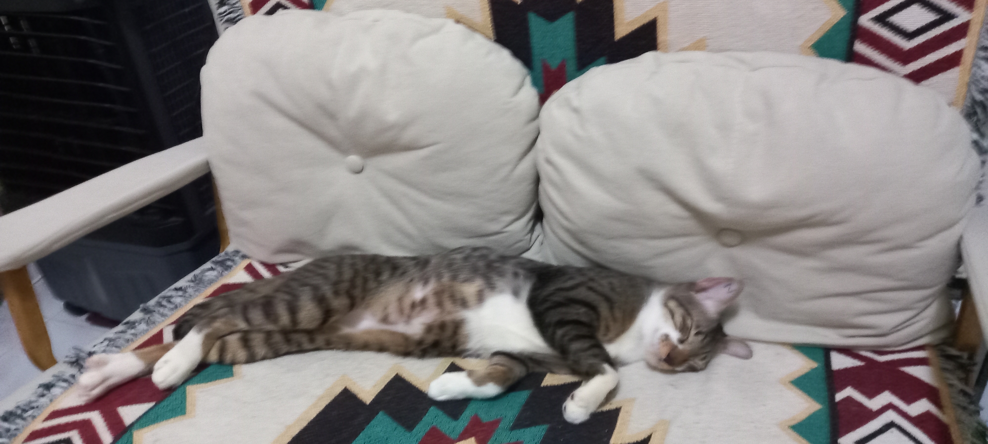 A tabby cat with prominent white fur on its belly and paws is seen peacefully sleeping or resting on a patterned chair or small sofa. The cat is stretched out on its side across the seat, appearing relaxed. The furniture features a distinct geometric pattern on its fabric, displaying zig-zags and triangles in colors such as white, black, maroon, and teal. Two large, round, light beige cushions, each with a central button, provide back support. The armrests of the chair are light-colored. In the background on the left, a dark object, possibly a fan or air cooler with horizontal grates, is partially visible behind the armrest. The scene depicts a quiet indoor setting in Baan Chaloklum, Thailand, suggesting a comfortable environment for the resting animal. The lighting indicates an indoor setting, but the specific time of day is not discernible. There is no visible text.