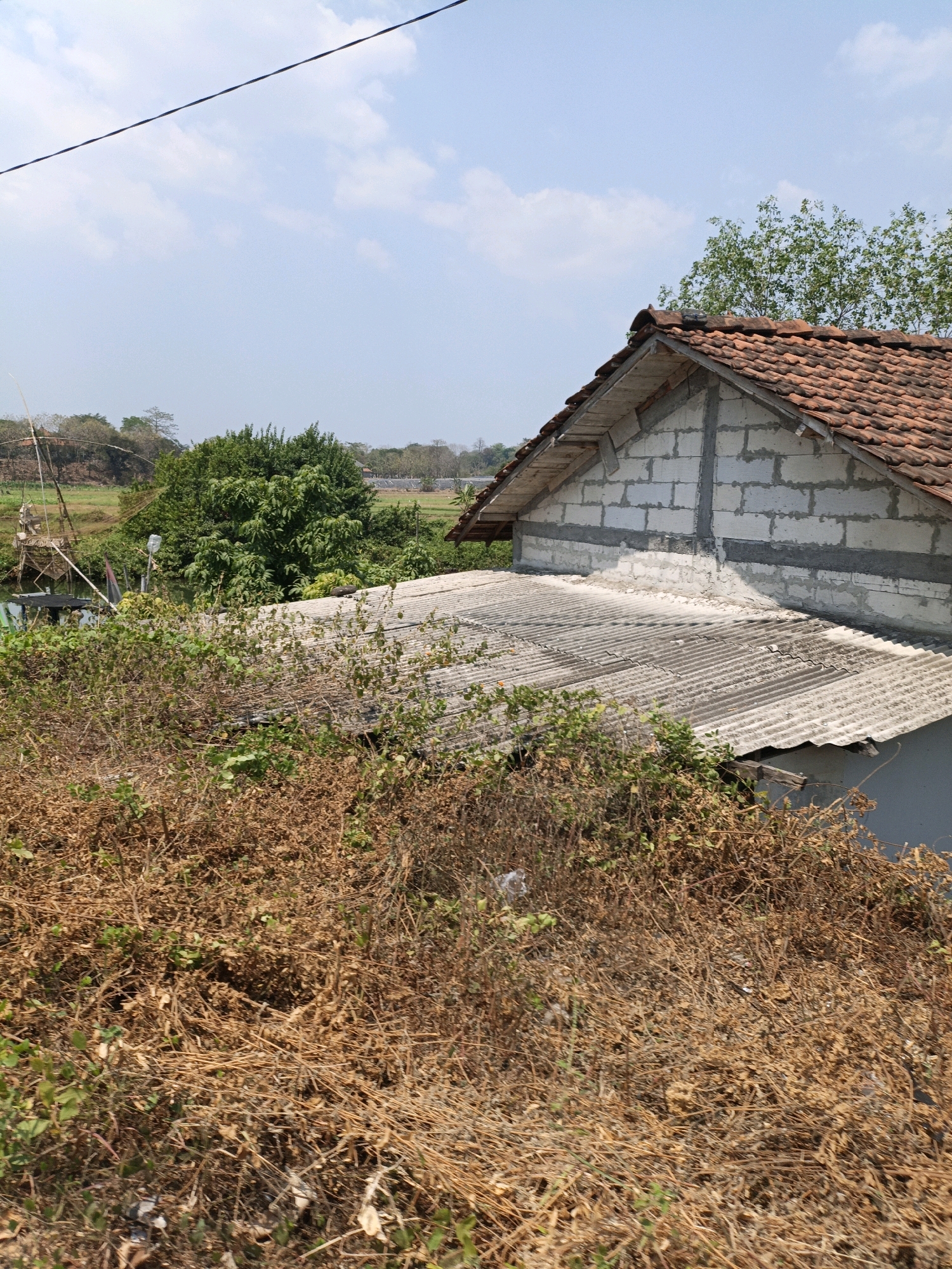 This is a vertical, eye-level, outdoor photograph of a partially constructed building and its surroundings in Jepara, Indonesia. The building features a tiled terracotta roof and walls constructed of white concrete blocks with visible grey mortar. Below this roof, another corrugated tin roof extends forward, partially obscured by overgrown, dry brush and some green foliage in the foreground. In the background, lush green trees dominate the mid-ground, with a body of water and a traditional fishing net structure visible to the left. The far background shows a hazy landscape of fields and trees under a bright, pale blue sky with scattered white clouds. A black wire stretches diagonally across the top of the frame. The overall impression is one of a rural or semi-rural setting with ongoing construction and natural vegetation.