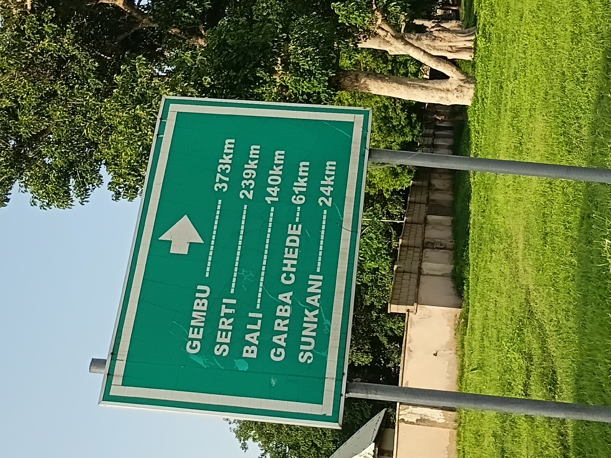 A green directional sign with white lettering and an arrow pointing right is mounted on a metal pole. The sign lists five destinations with their corresponding distances in kilometers: GEMBU (373 km), SERTI (239 km), BALI (140 km), GARBA CHEDE (61 km), and SUNKANI (24 km). The sign is positioned in an outdoor environment with a clear blue sky. Behind the sign, lush green trees with dense foliage are visible. To the left of the sign, a portion of a building with a light-colored wall is partially visible. In the foreground and midground, a well-maintained grassy area stretches out. The overall setting suggests a roadside location in Jalingo, Nigeria, likely indicating routes to these specific towns.