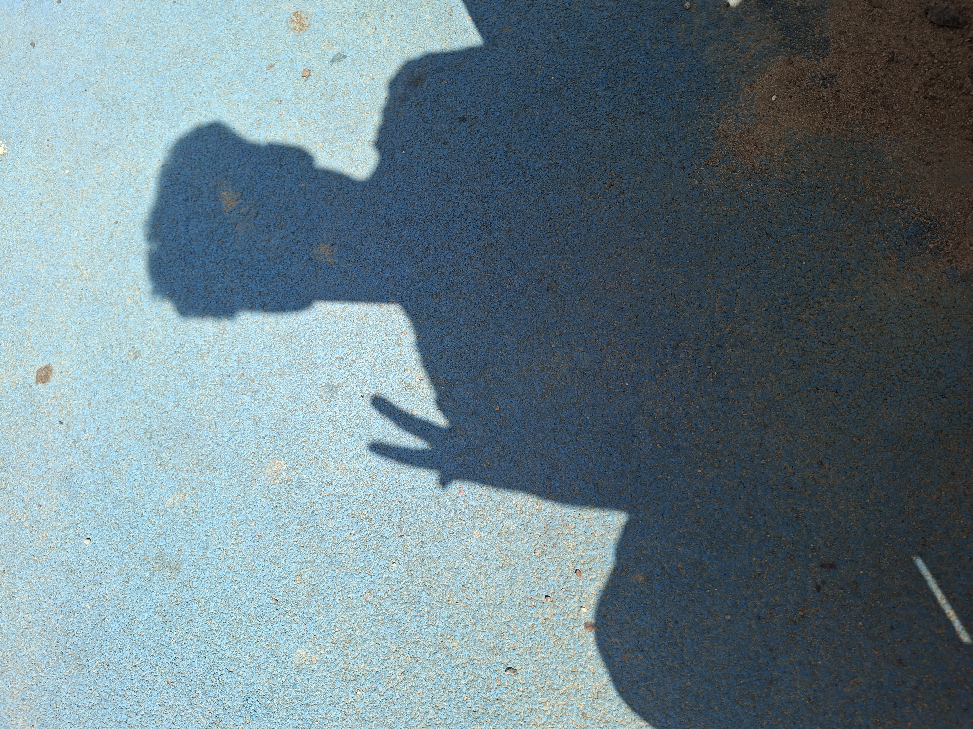 A prominent, dark shadow of a human figure is cast upon a textured, light blue surface, resembling a rubberized athletic court or playground flooring. The figure's left arm is raised, with fingers configured to form a 'V' shape, commonly known as a peace sign. Strong overhead sunlight is indicated by the clear, sharp definition of the shadow. Scattered brown and grey debris, possibly dirt or pebbles, is visible across the blue surface, along with a faint white linear mark at the bottom left. The image provides no discernible geographical indicators to place the scene in the city of Unknown, Russia.