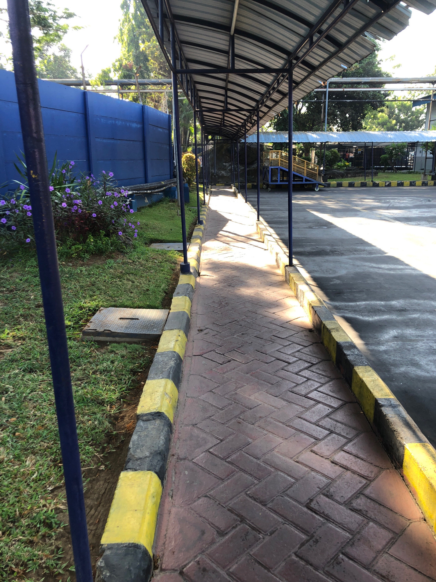 The image depicts an outdoor walkway or covered path in what appears to be a secured area, possibly a facility or industrial zone, in Wonojati, Indonesia. The walkway is paved with reddish-brown bricks laid in a herringbone pattern. It is bordered by a curb painted with alternating black and yellow stripes. To the left of the walkway is a grassy area with purple flowers and some metal grates set into the ground. Beyond the grass is a tall, solid blue wall. The walkway is covered by a corrugated metal roof supported by dark blue metal posts. Sunlight casts strong shadows across the path and the adjacent asphalt area, suggesting it is daytime. In the background, visible through the covered structure, are trees and some industrial-looking structures, including a yellow and blue ramp with wheels. The environment appears to be well-maintained but industrial. No people are visible in the image.